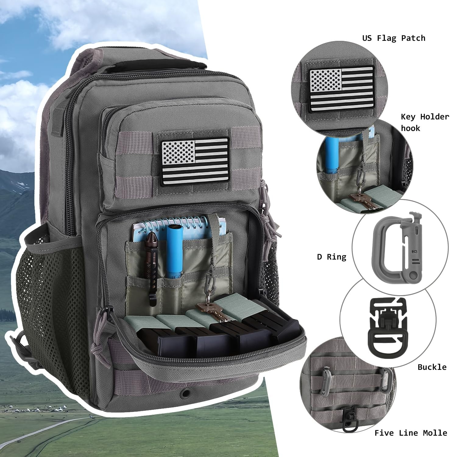 image:imageRover Sling Pack Tactical Shoulder Sling Bag Backpack with Bottle Holder Crossbody Chest Bag BlackGrey