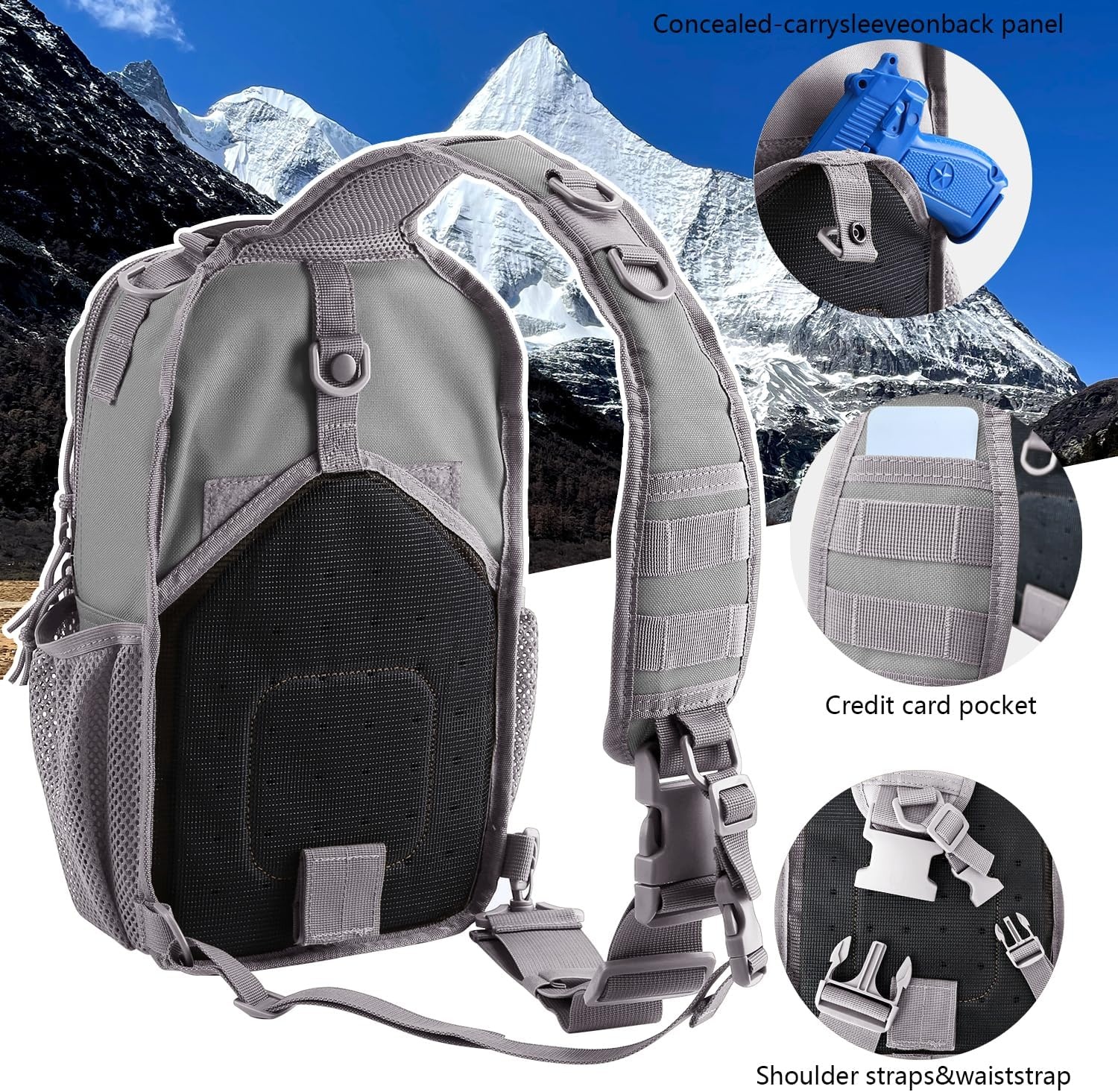 image:imageRover Sling Pack Tactical Shoulder Sling Bag Backpack with Bottle Holder Crossbody Chest Bag BlackGrey