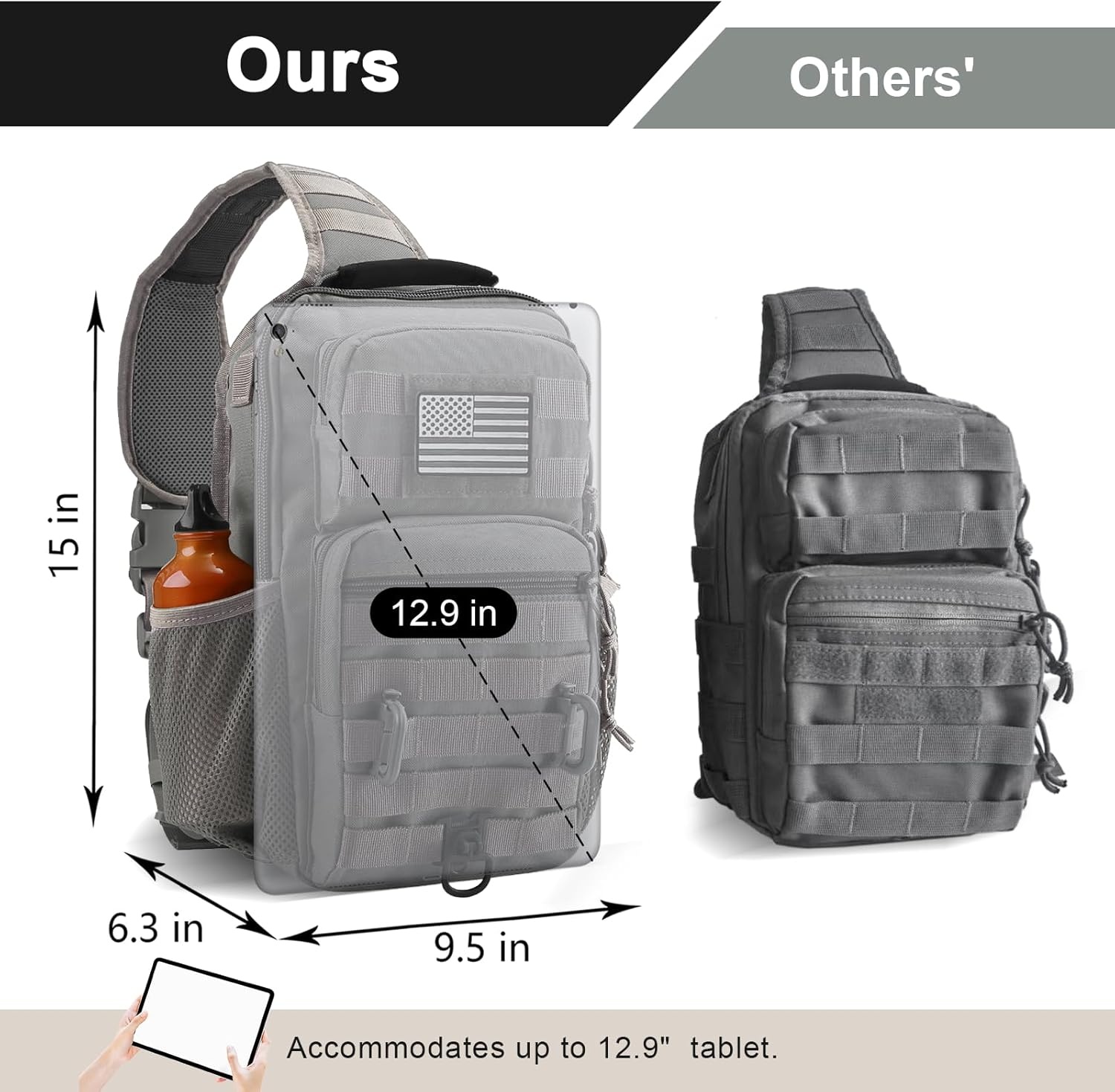 image:imageRover Sling Pack Tactical Shoulder Sling Bag Backpack with Bottle Holder Crossbody Chest Bag BlackGrey