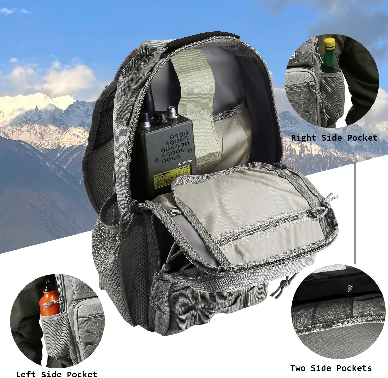image:imageRover Sling Pack Tactical Shoulder Sling Bag Backpack with Bottle Holder Crossbody Chest Bag BlackGrey