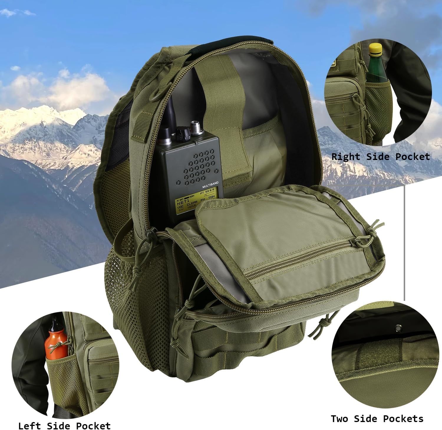 image:imageRover Sling Pack Tactical Shoulder Sling Bag Backpack with Bottle Holder Crossbody Chest Bag BlackOlive