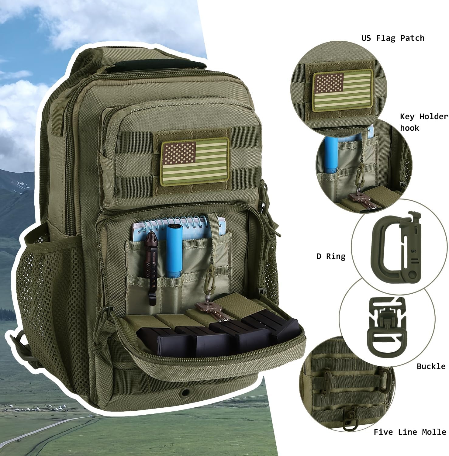 image:imageRover Sling Pack Tactical Shoulder Sling Bag Backpack with Bottle Holder Crossbody Chest Bag BlackOlive