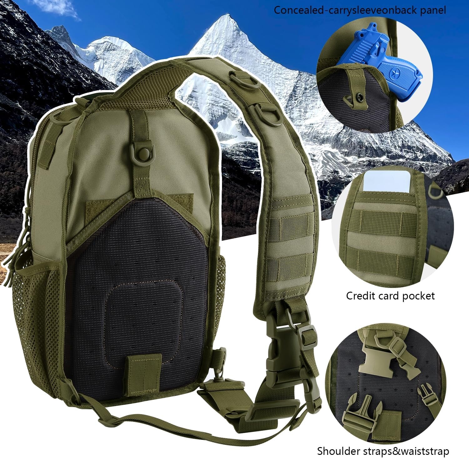 image:imageRover Sling Pack Tactical Shoulder Sling Bag Backpack with Bottle Holder Crossbody Chest Bag BlackOlive