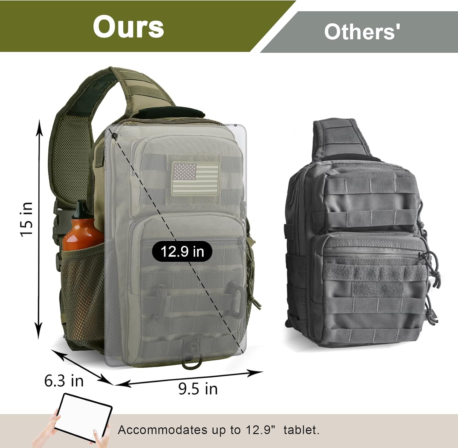 image:imageRover Sling Pack Tactical Shoulder Sling Bag Backpack with Bottle Holder Crossbody Chest Bag BlackOlive