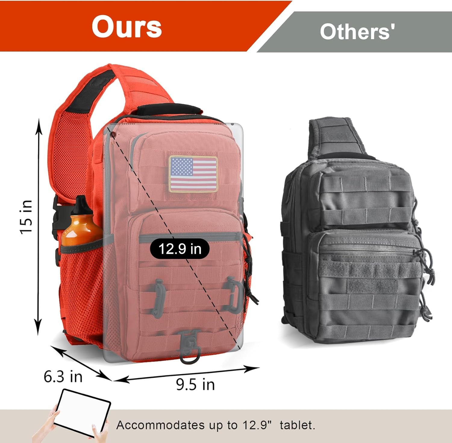 image:imageRover Sling Pack Tactical Shoulder Sling Bag Backpack with Bottle Holder Crossbody Chest Bag BlackOrange