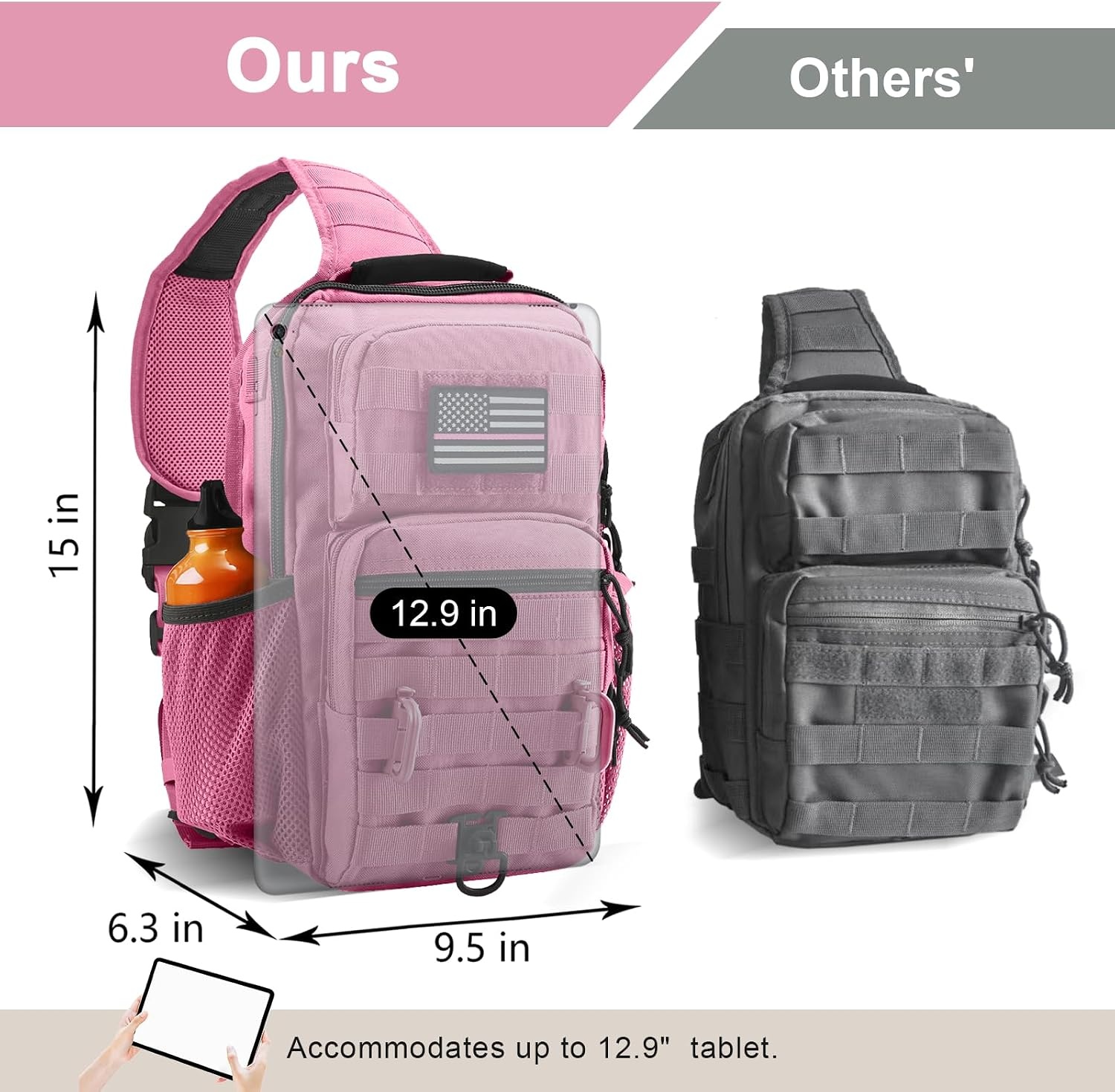 image:imageRover Sling Pack Tactical Shoulder Sling Bag Backpack with Bottle Holder Crossbody Chest Bag BlackPink
