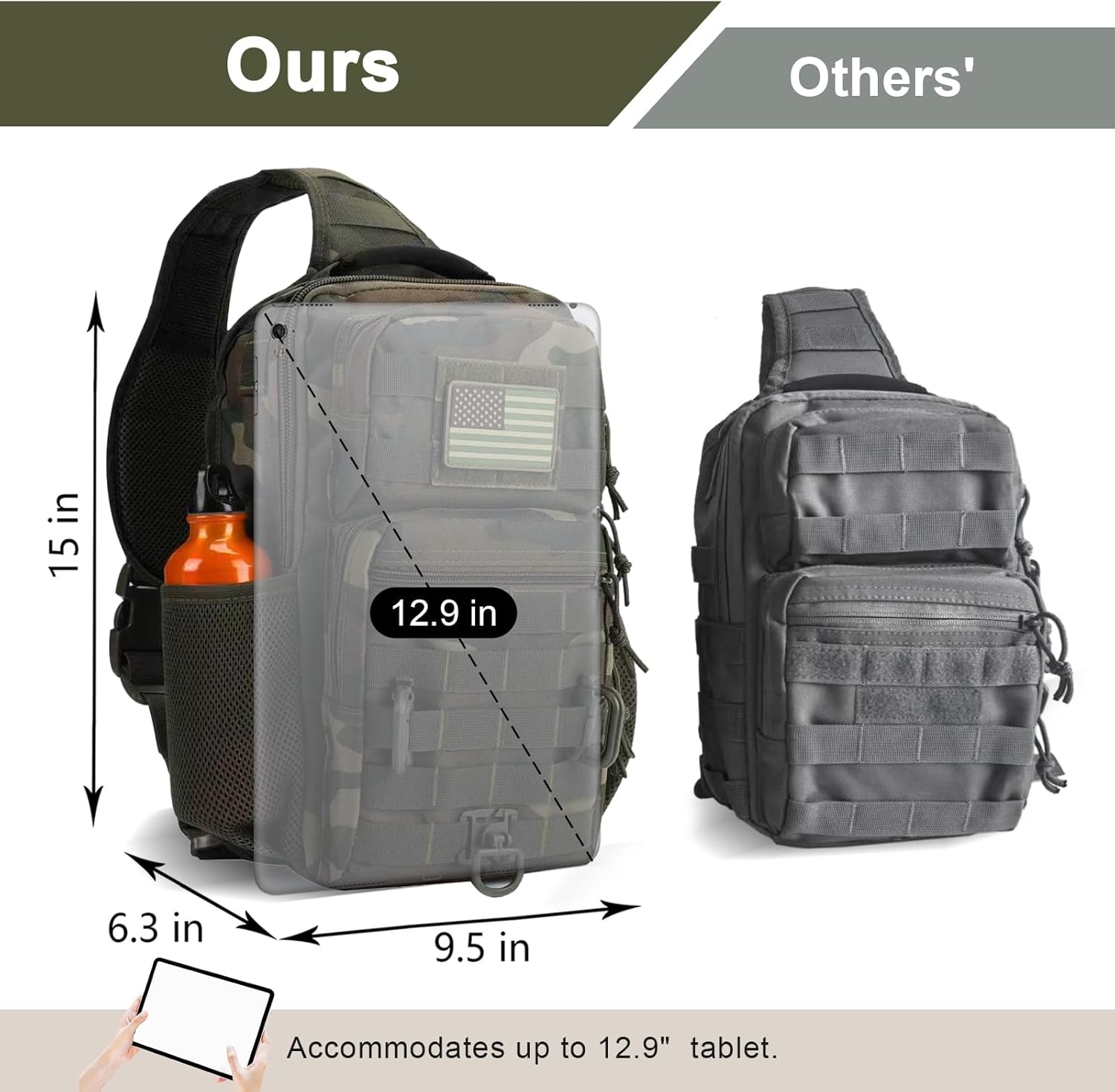 image:imageRover Sling Pack Tactical Shoulder Sling Bag Backpack with Bottle Holder Crossbody Chest Bag BlackWoodland