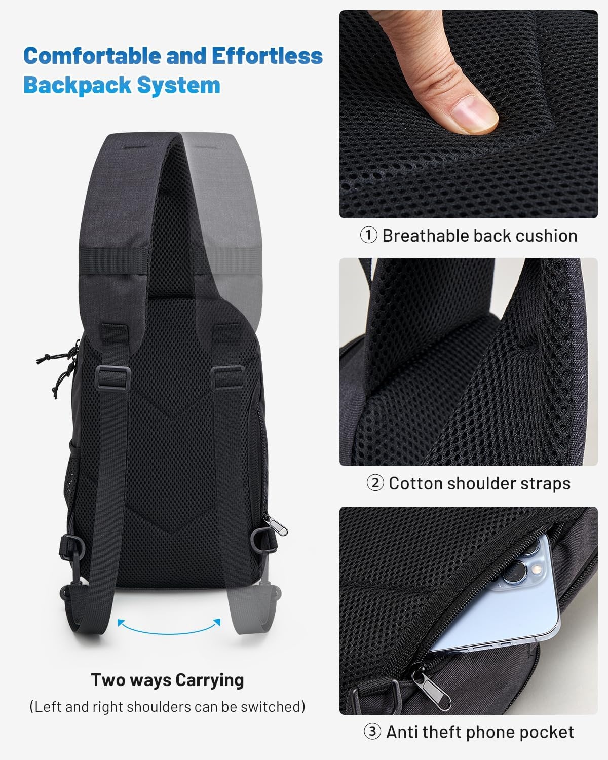 image:imageSling Bag Crossbody Backpack for Men One Strap Backpack Hiking Daypack Chest Bag for WomenBlack