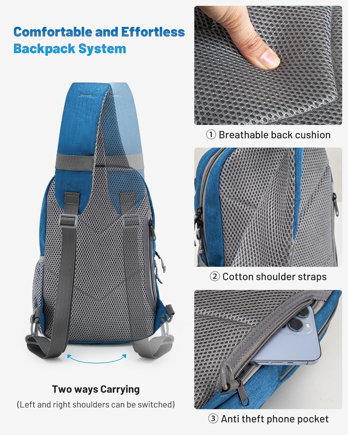 image:imageSling Bag Crossbody Backpack for Men One Strap Backpack Hiking Daypack Chest Bag for WomenBlue