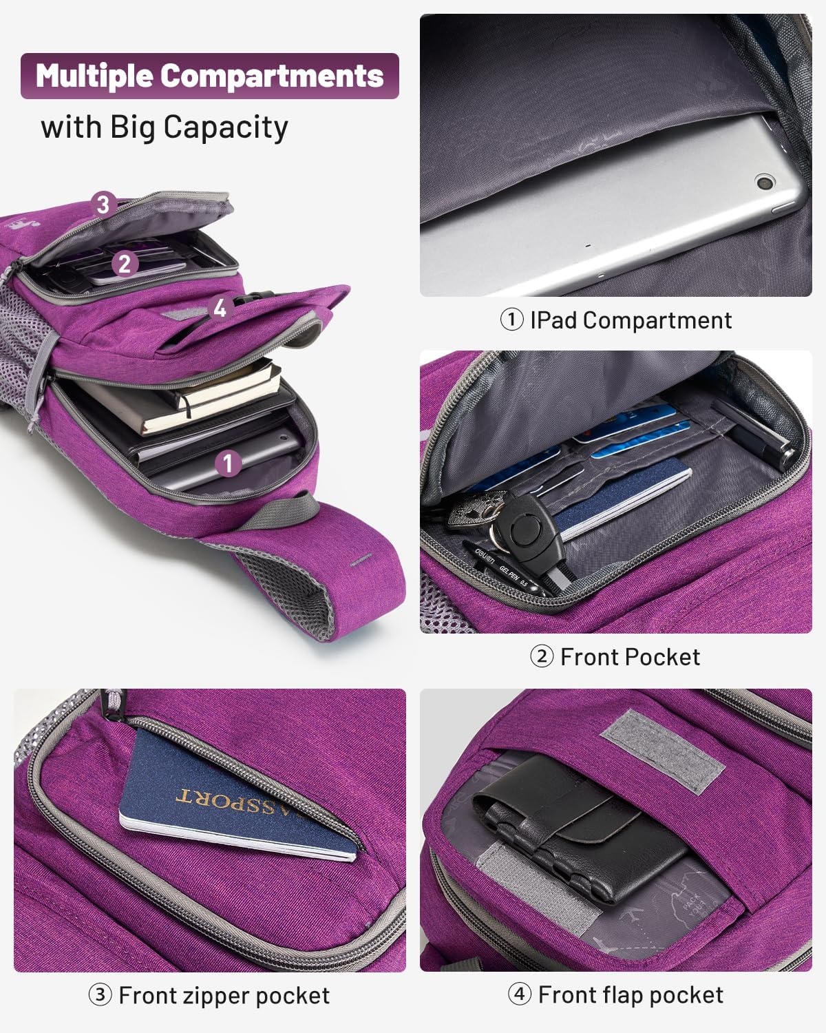 image:imageSling Bag Crossbody Backpack for Men One Strap Backpack Hiking Daypack Chest Bag for WomenPurple