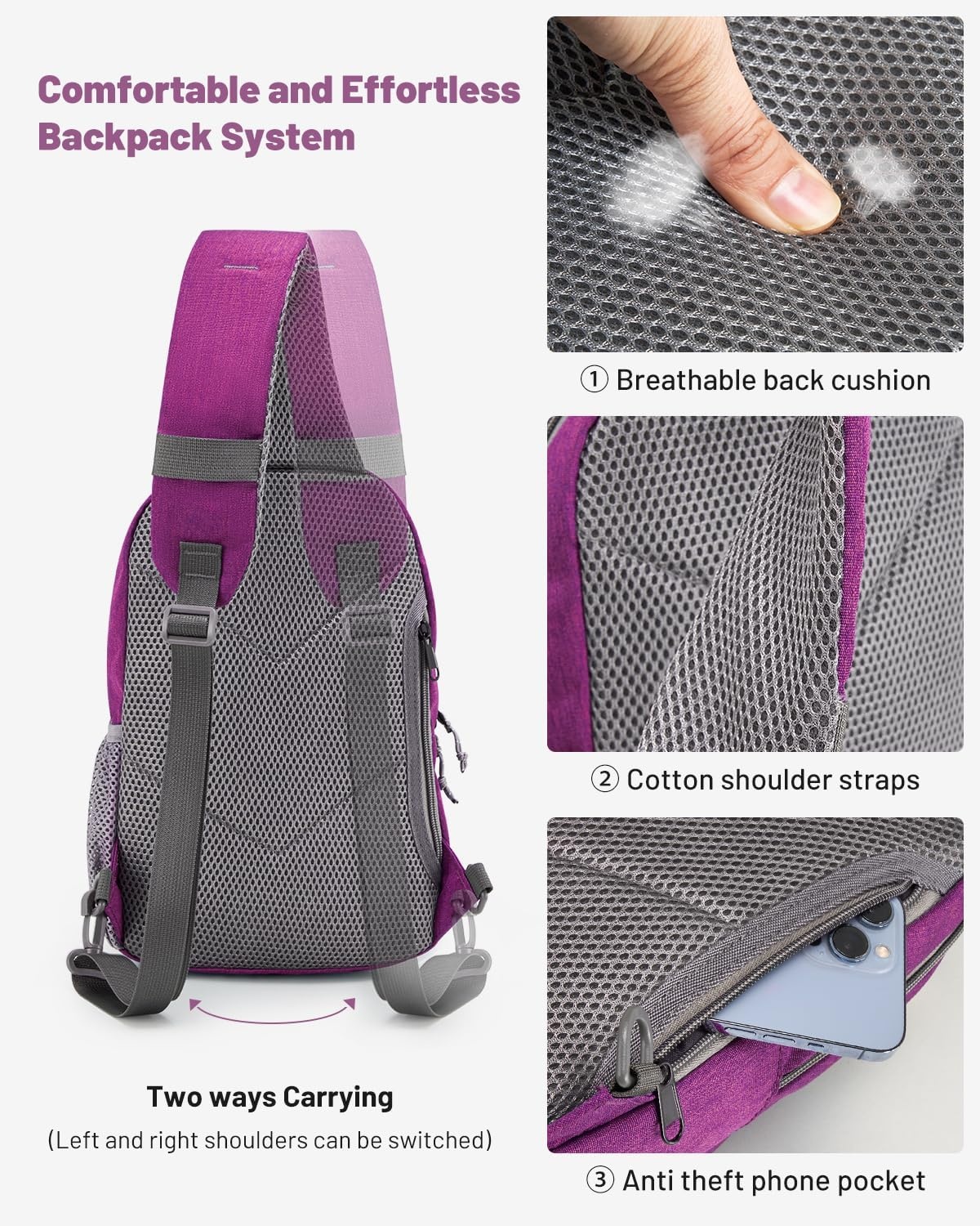 image:imageSling Bag Crossbody Backpack for Men One Strap Backpack Hiking Daypack Chest Bag for WomenPurple