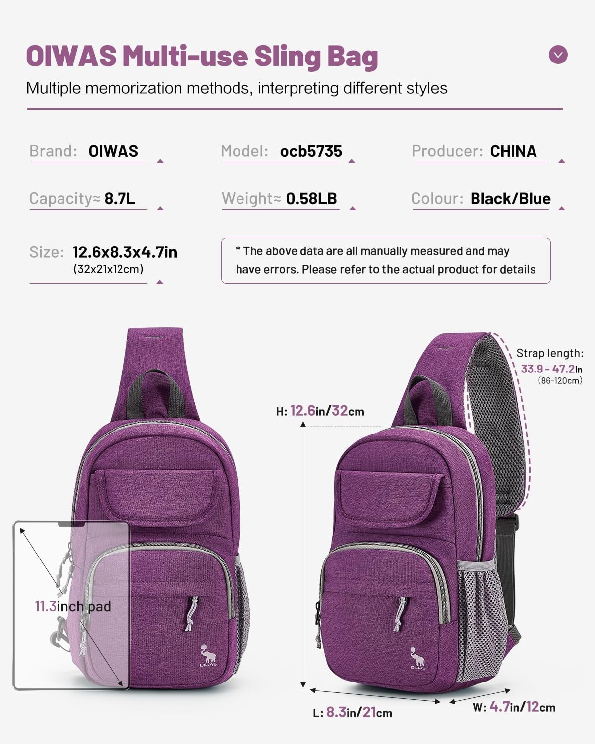 image:imageSling Bag Crossbody Backpack for Men One Strap Backpack Hiking Daypack Chest Bag for WomenPurple