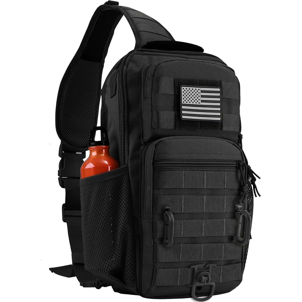 image:imageRover Sling Pack Tactical Shoulder Sling Bag Backpack with Bottle Holder Crossbody Chest Bag BlackBlack With Grey Patch