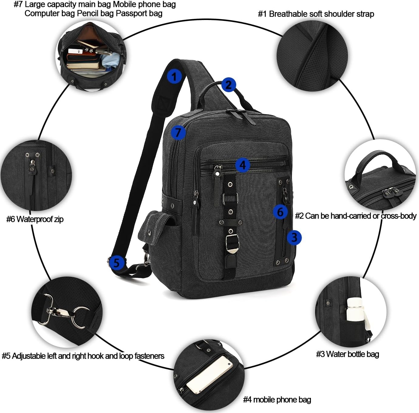 image:imageVintage Messenger Bag Canvas Backpack for Travel Mens Shoulder Bag Dualuse Bag for Hand Carry and Crossbody CarryAblack