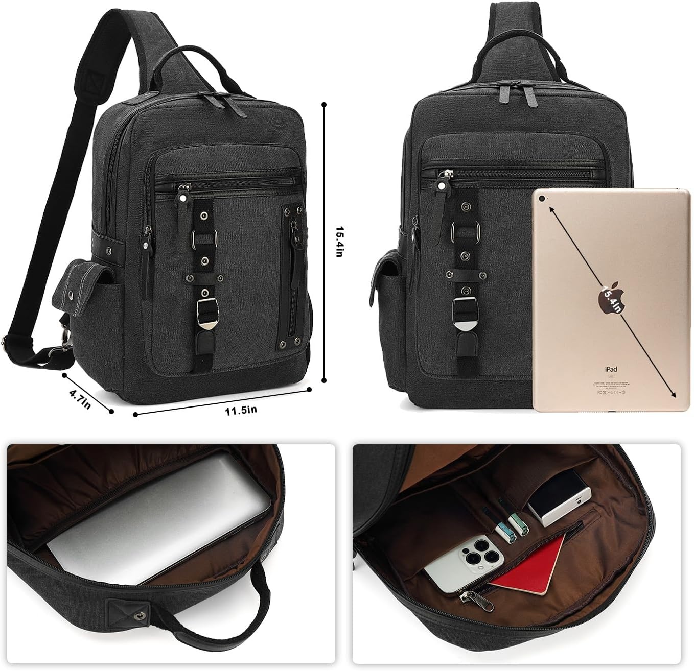 image:imageVintage Messenger Bag Canvas Backpack for Travel Mens Shoulder Bag Dualuse Bag for Hand Carry and Crossbody CarryAblack