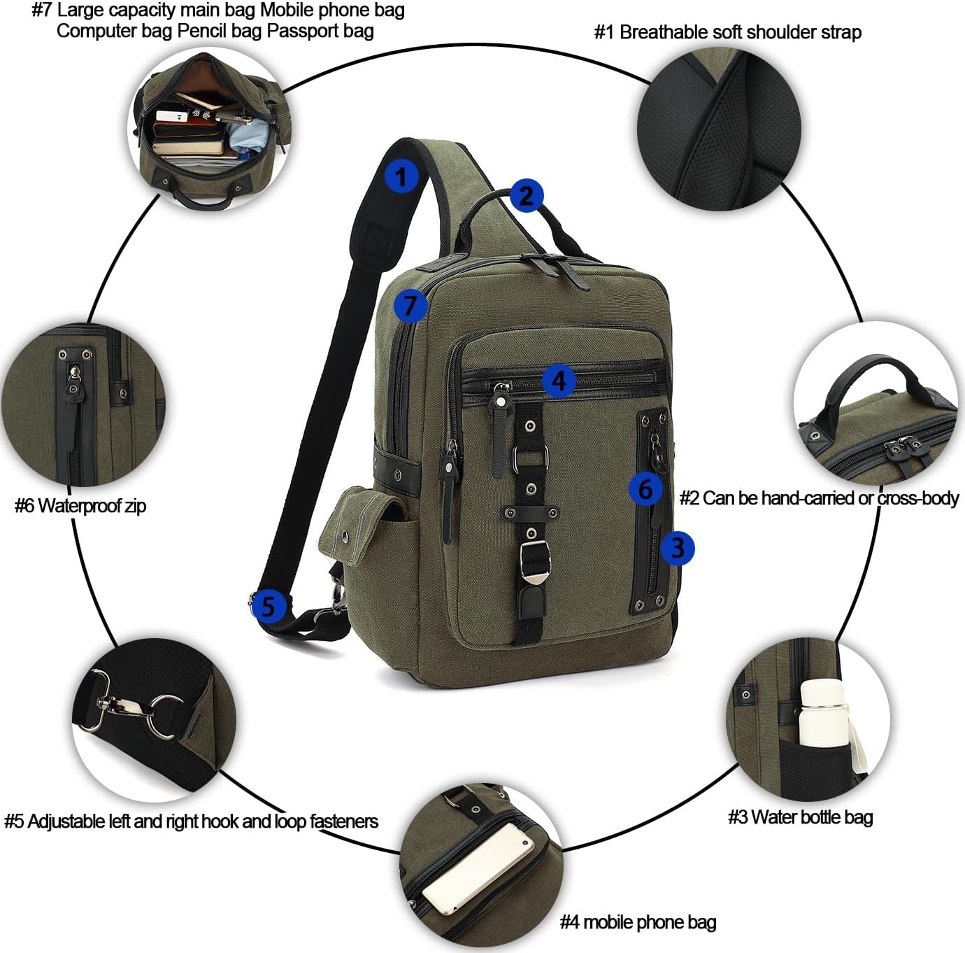 image:imageVintage Messenger Bag Canvas Backpack for Travel Mens Shoulder Bag Dualuse Bag for Hand Carry and Crossbody CarryAgreen