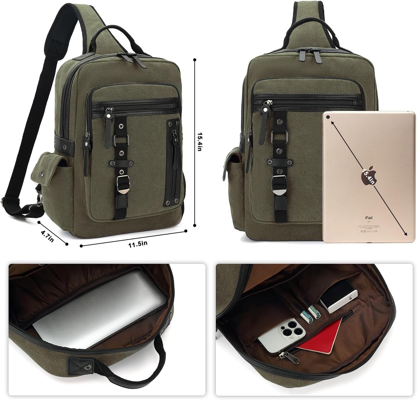 image:imageVintage Messenger Bag Canvas Backpack for Travel Mens Shoulder Bag Dualuse Bag for Hand Carry and Crossbody CarryAgreen