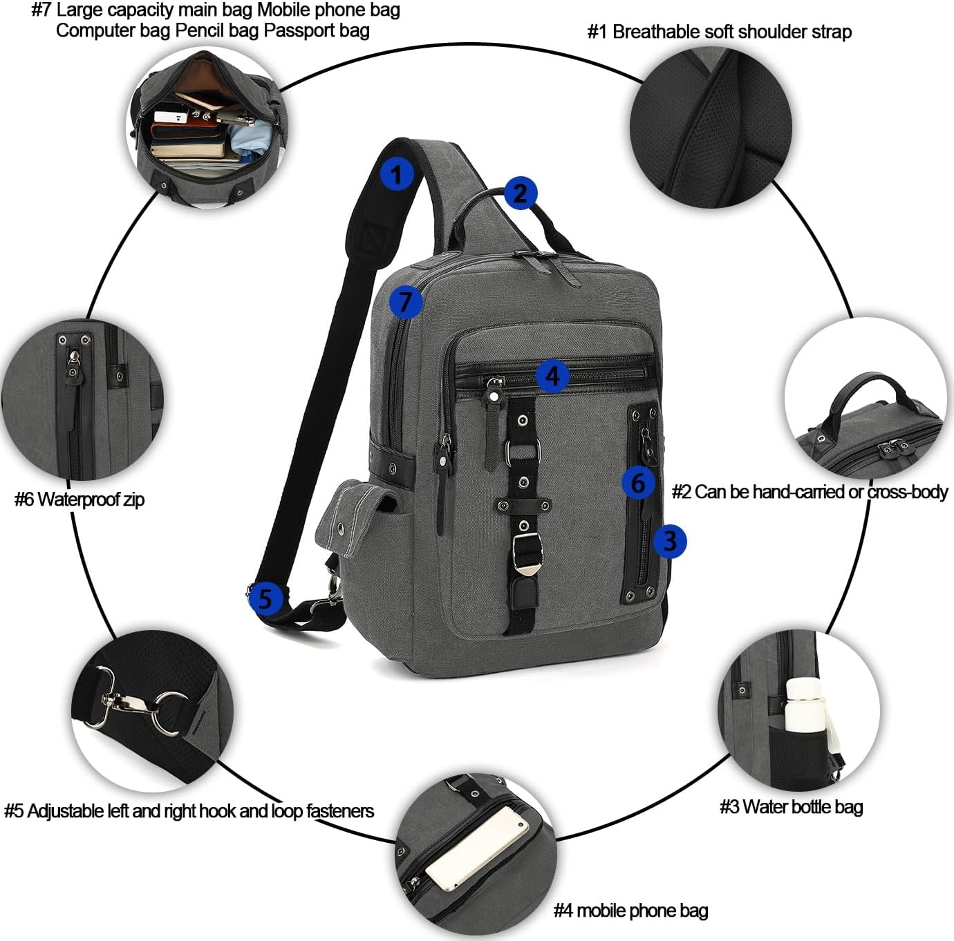 image:imageVintage Messenger Bag Canvas Backpack for Travel Mens Shoulder Bag Dualuse Bag for Hand Carry and Crossbody CarryAgrey