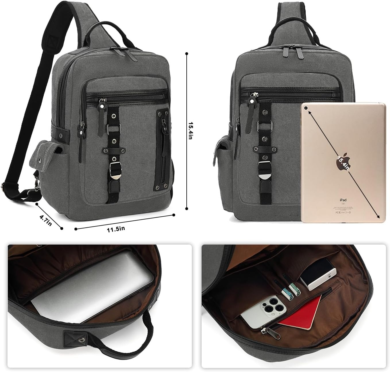 image:imageVintage Messenger Bag Canvas Backpack for Travel Mens Shoulder Bag Dualuse Bag for Hand Carry and Crossbody CarryAgrey