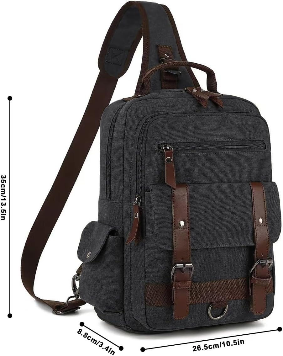 image:imageVintage Messenger Bag Canvas Backpack for Travel Mens Shoulder Bag Dualuse Bag for Hand Carry and Crossbody CarryBlack