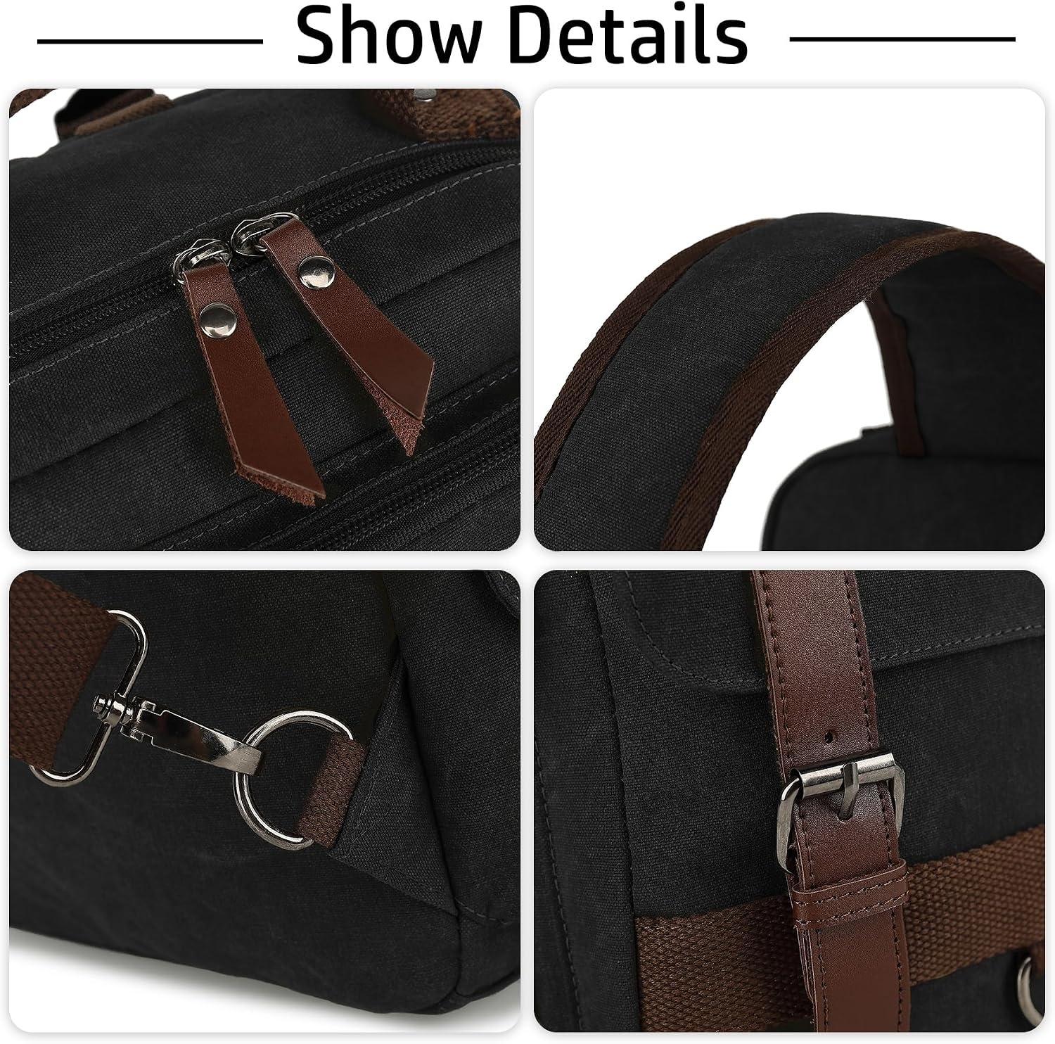 image:imageVintage Messenger Bag Canvas Backpack for Travel Mens Shoulder Bag Dualuse Bag for Hand Carry and Crossbody CarryBlack