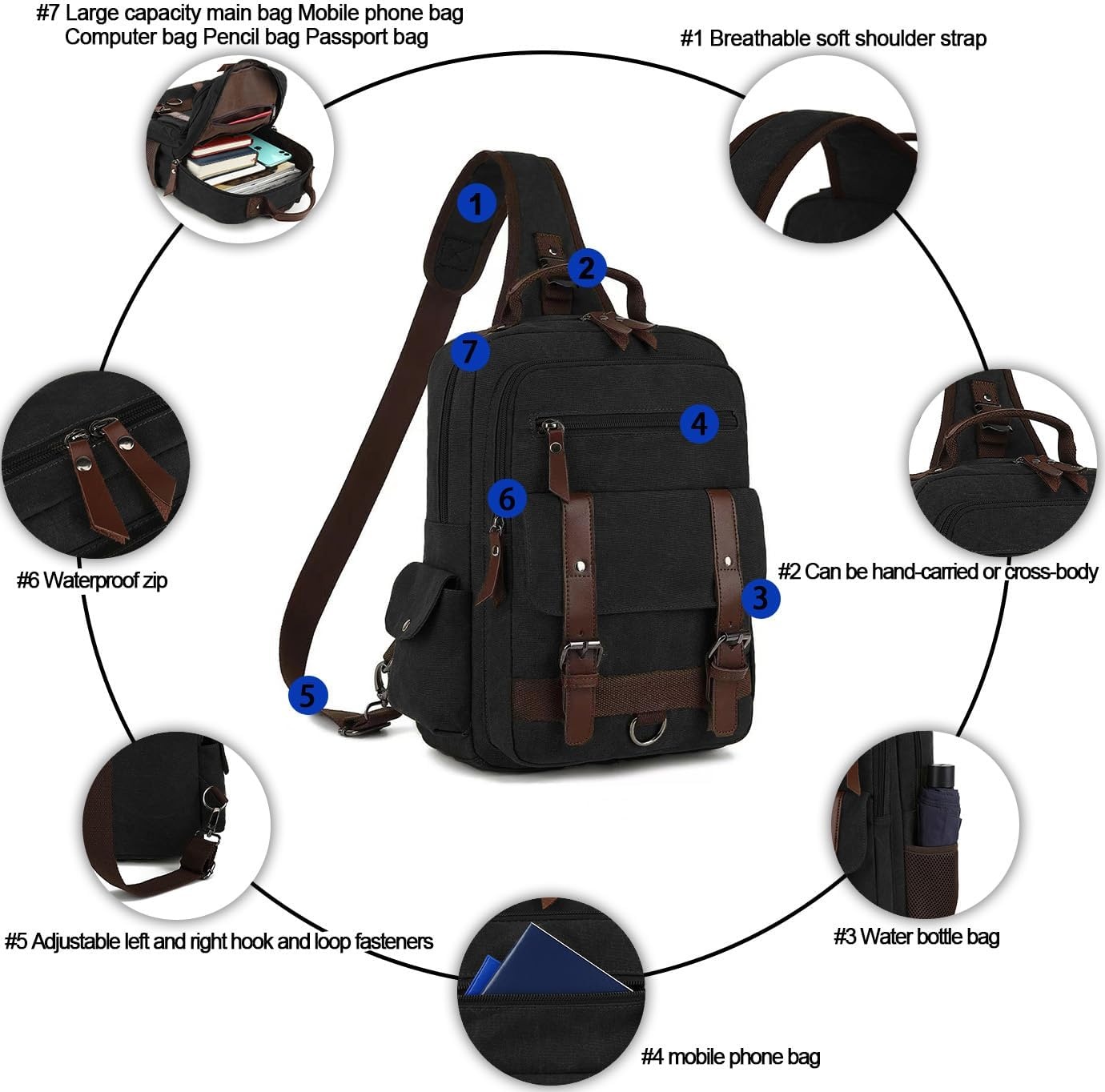 image:imageVintage Messenger Bag Canvas Backpack for Travel Mens Shoulder Bag Dualuse Bag for Hand Carry and Crossbody CarryBlack