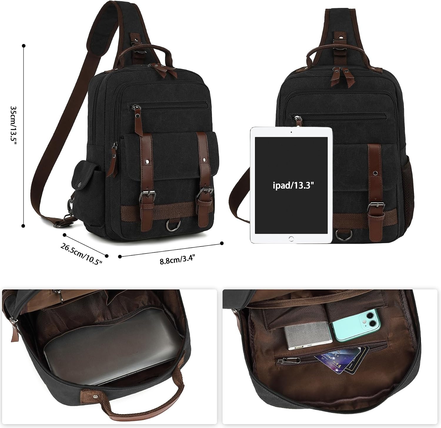 image:imageVintage Messenger Bag Canvas Backpack for Travel Mens Shoulder Bag Dualuse Bag for Hand Carry and Crossbody CarryBlack