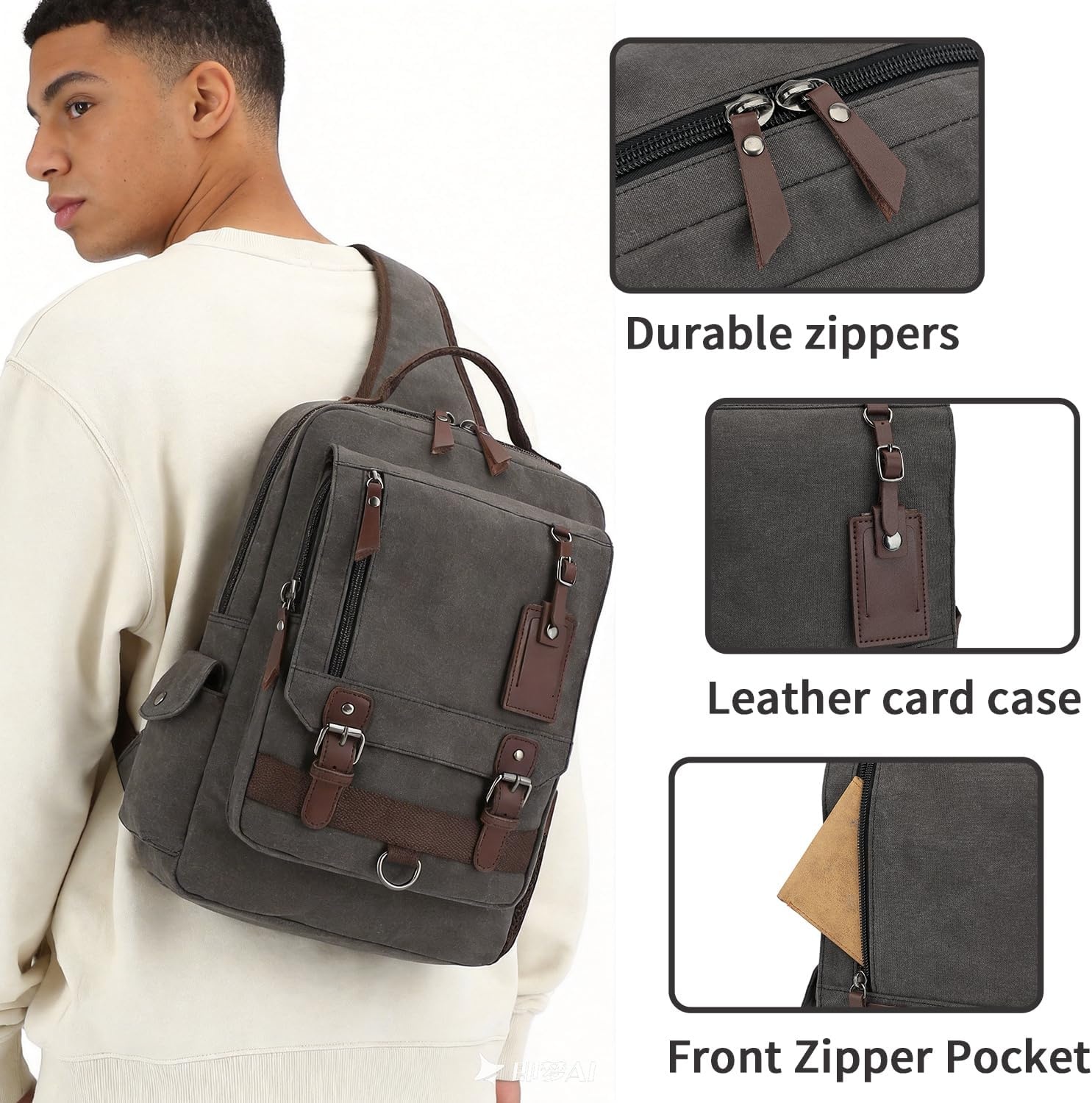image:imageVintage Messenger Bag Canvas Backpack for Travel Mens Shoulder Bag Dualuse Bag for Hand Carry and Crossbody CarryCblack