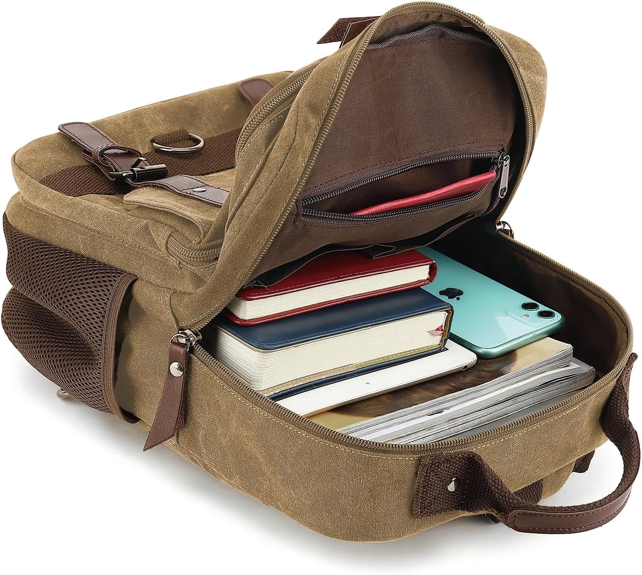 image:imageVintage Messenger Bag Canvas Backpack for Travel Mens Shoulder Bag Dualuse Bag for Hand Carry and Crossbody CarryCoffee