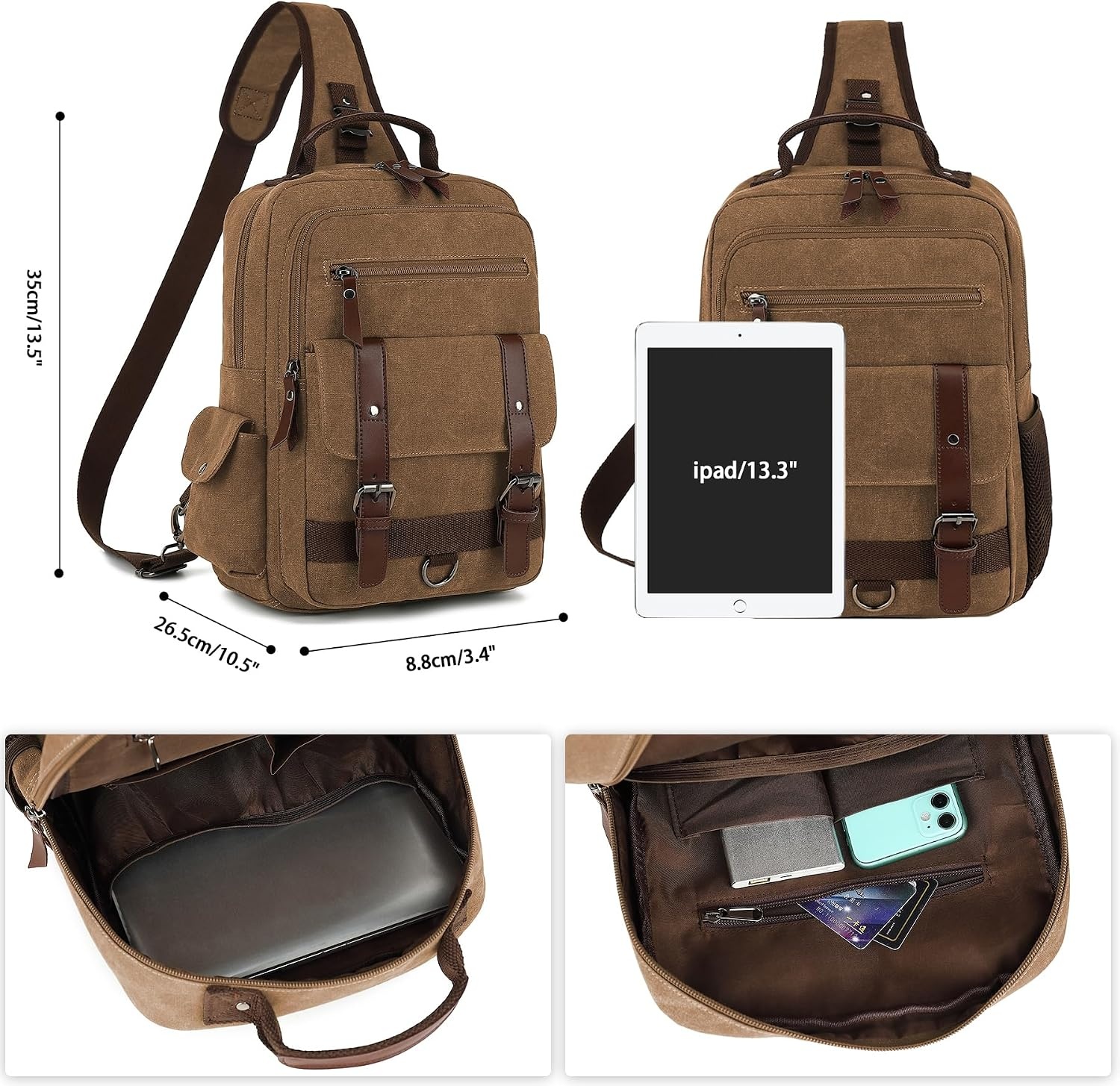 image:imageVintage Messenger Bag Canvas Backpack for Travel Mens Shoulder Bag Dualuse Bag for Hand Carry and Crossbody CarryCoffee