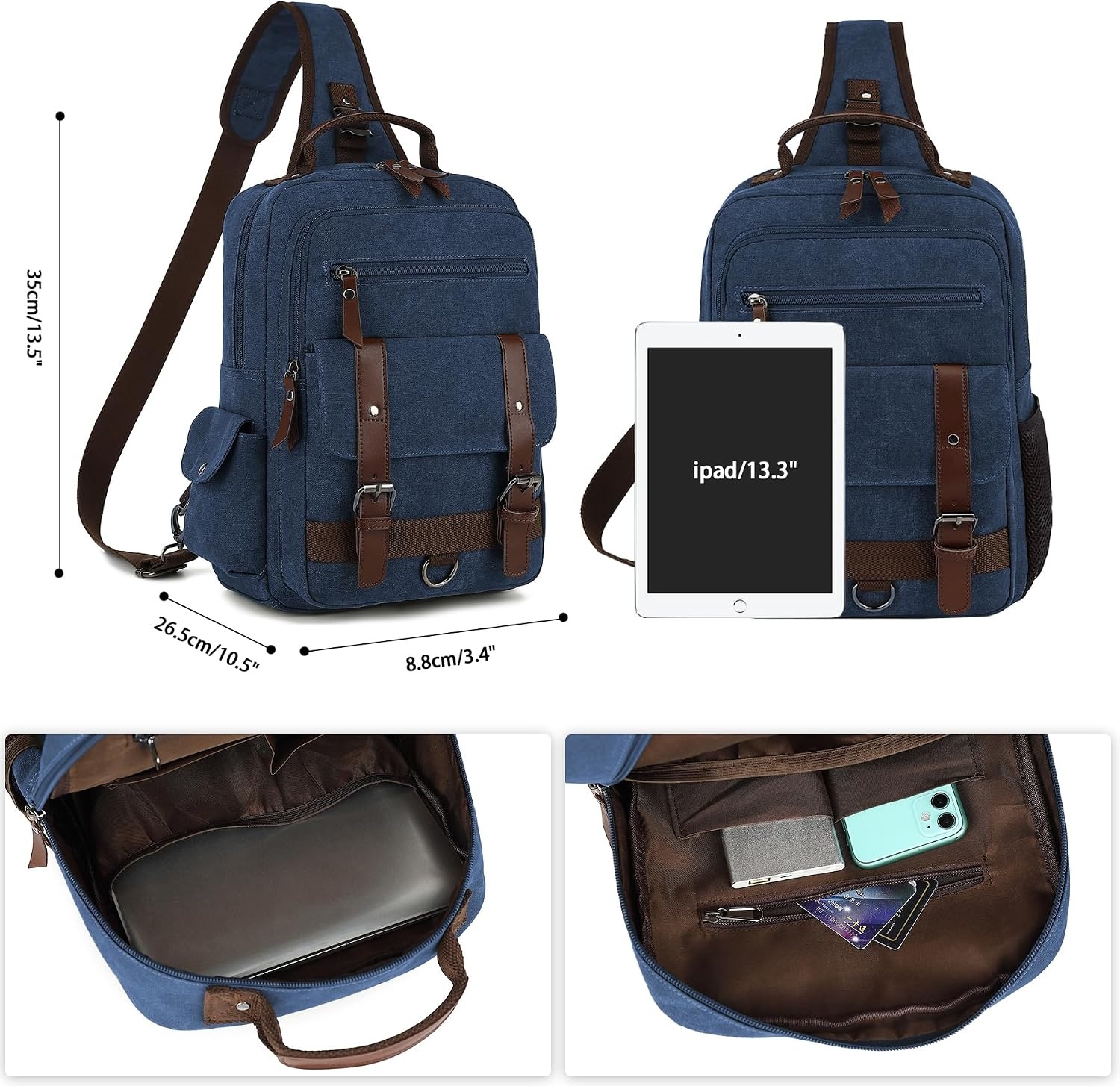 image:imageVintage Messenger Bag Canvas Backpack for Travel Mens Shoulder Bag Dualuse Bag for Hand Carry and Crossbody CarryDarkblue