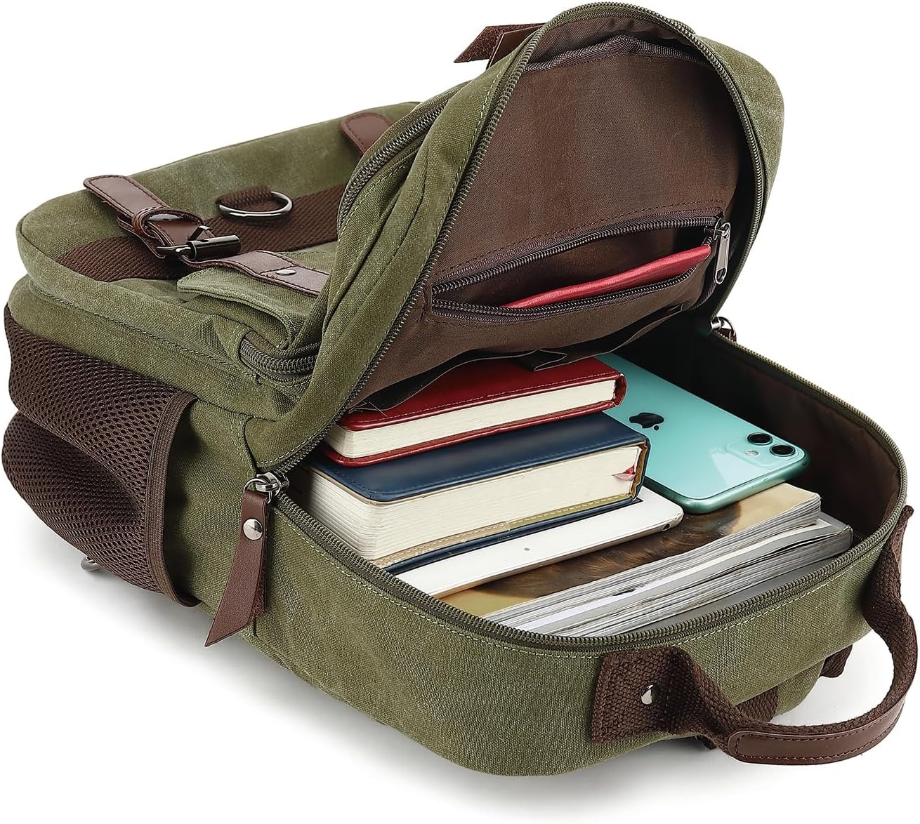image:imageVintage Messenger Bag Canvas Backpack for Travel Mens Shoulder Bag Dualuse Bag for Hand Carry and Crossbody CarryGreen
