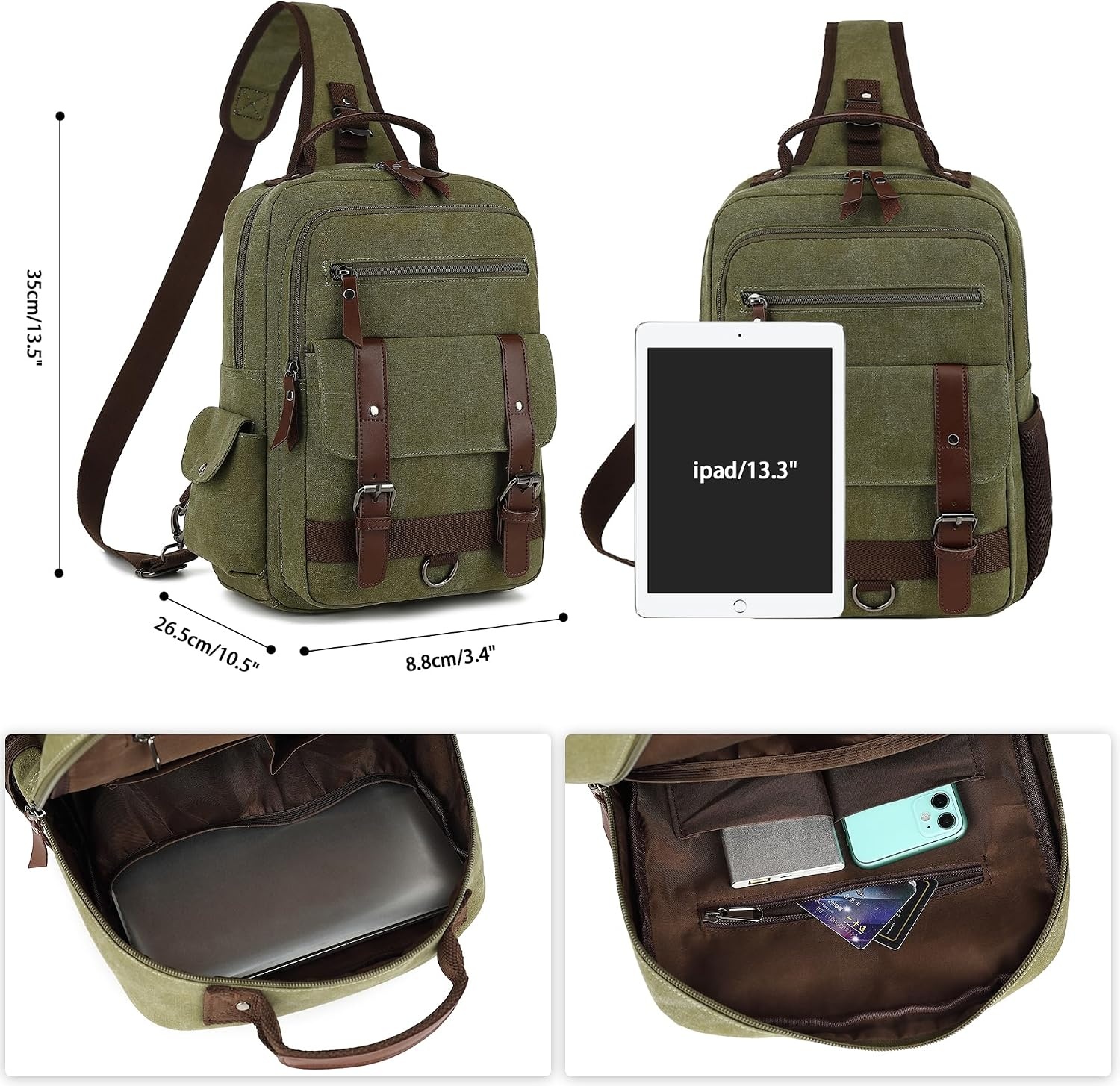 image:imageVintage Messenger Bag Canvas Backpack for Travel Mens Shoulder Bag Dualuse Bag for Hand Carry and Crossbody CarryGreen