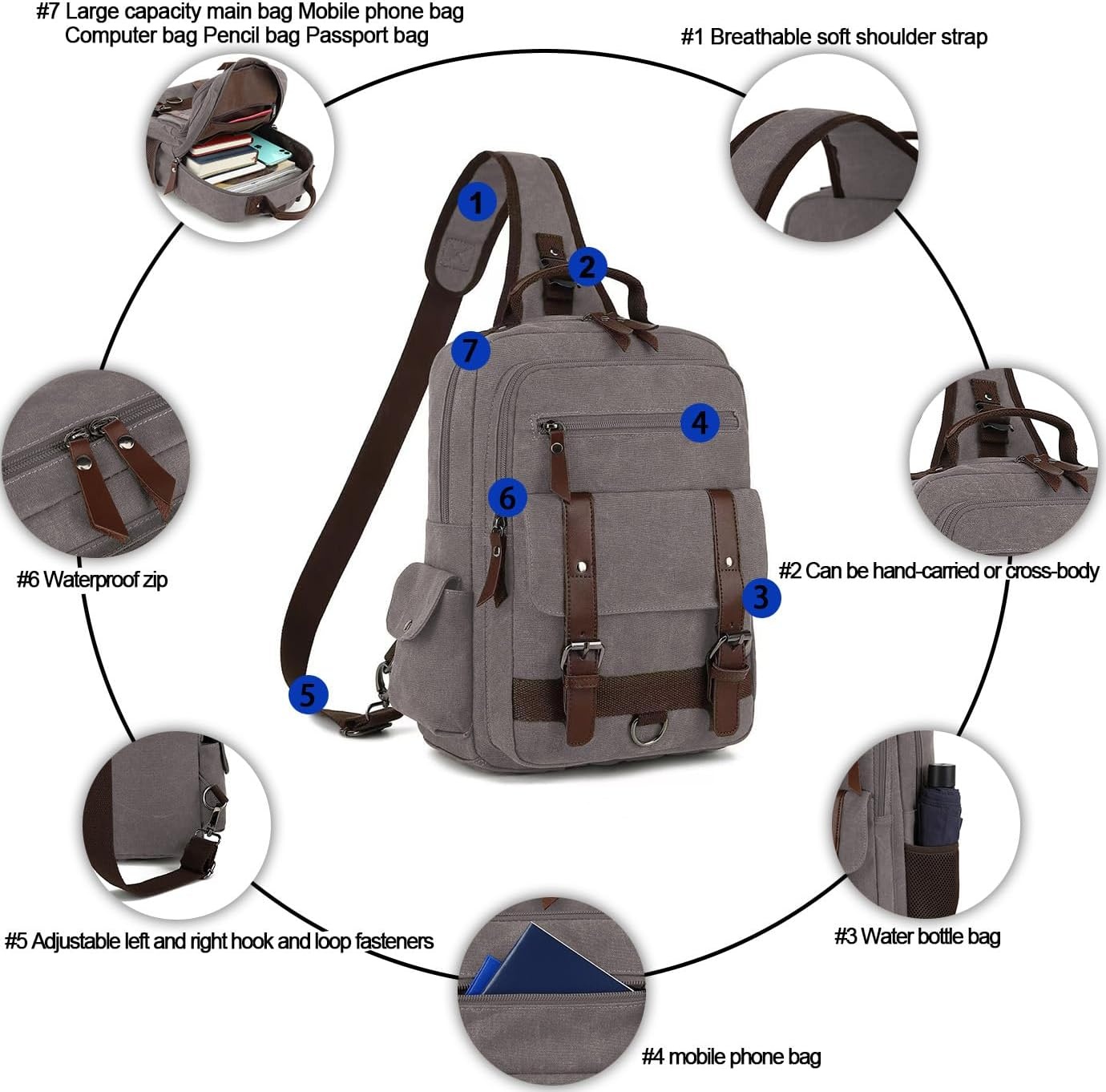 image:imageVintage Messenger Bag Canvas Backpack for Travel Mens Shoulder Bag Dualuse Bag for Hand Carry and Crossbody CarryGrey