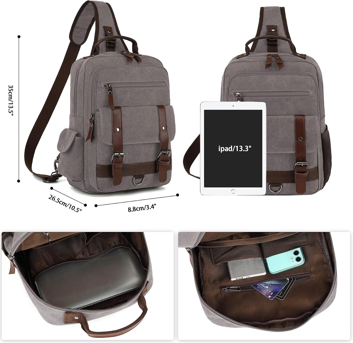 image:imageVintage Messenger Bag Canvas Backpack for Travel Mens Shoulder Bag Dualuse Bag for Hand Carry and Crossbody CarryGrey