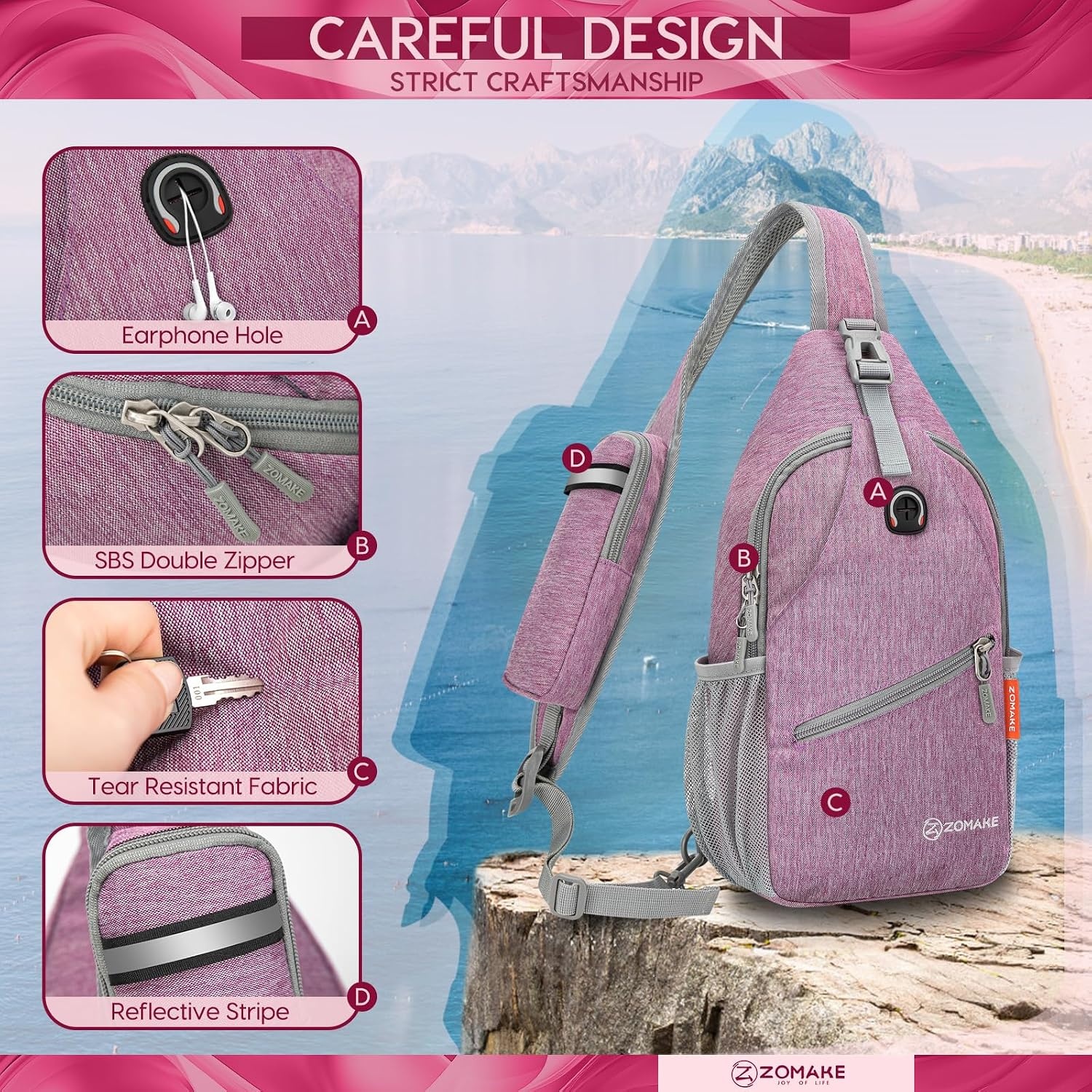 image:imageZOMAKE Sling BagSmall Crossbody Sling Backpack Shoulder Daypack for TravelPurple