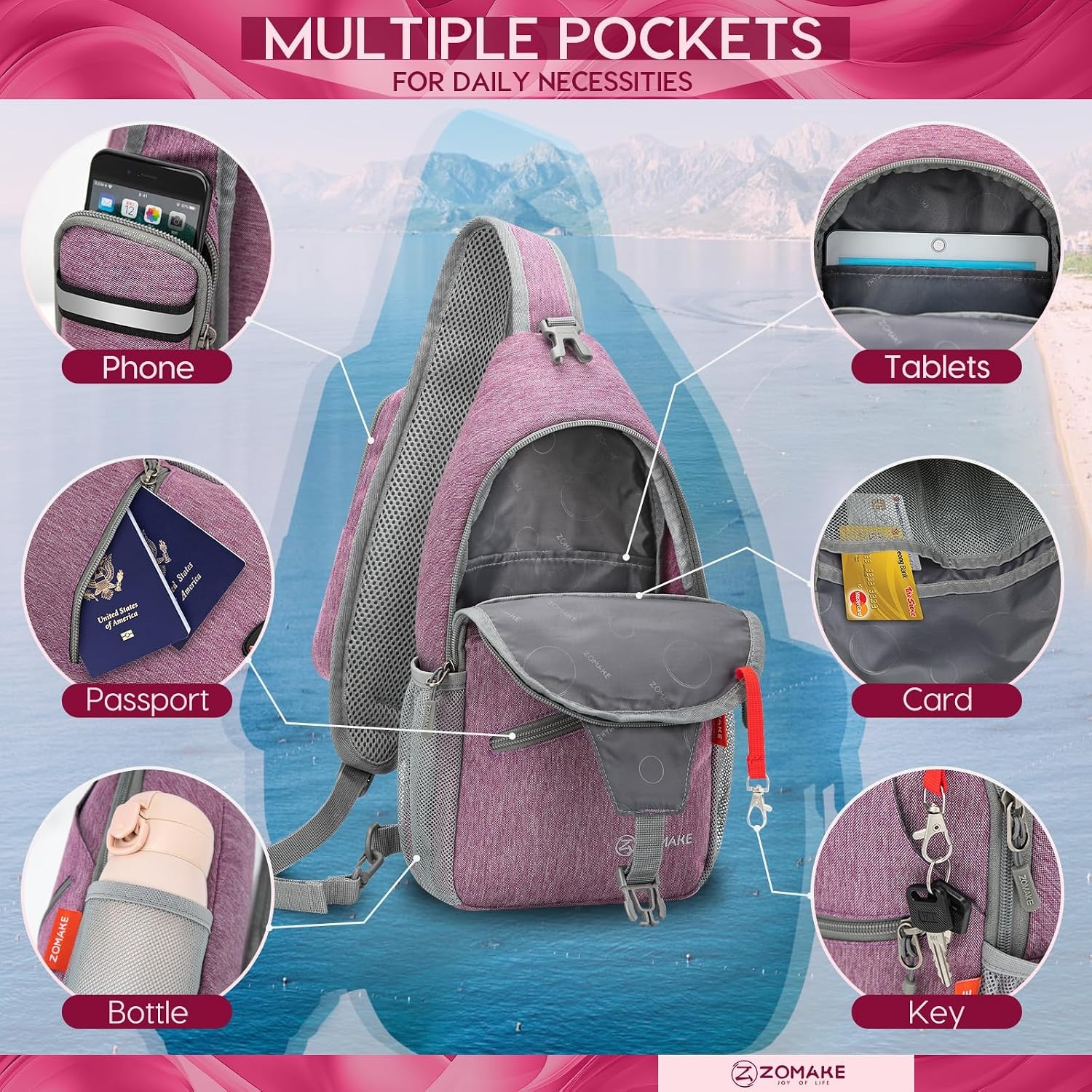 image:imageZOMAKE Sling BagSmall Crossbody Sling Backpack Shoulder Daypack for TravelPurple