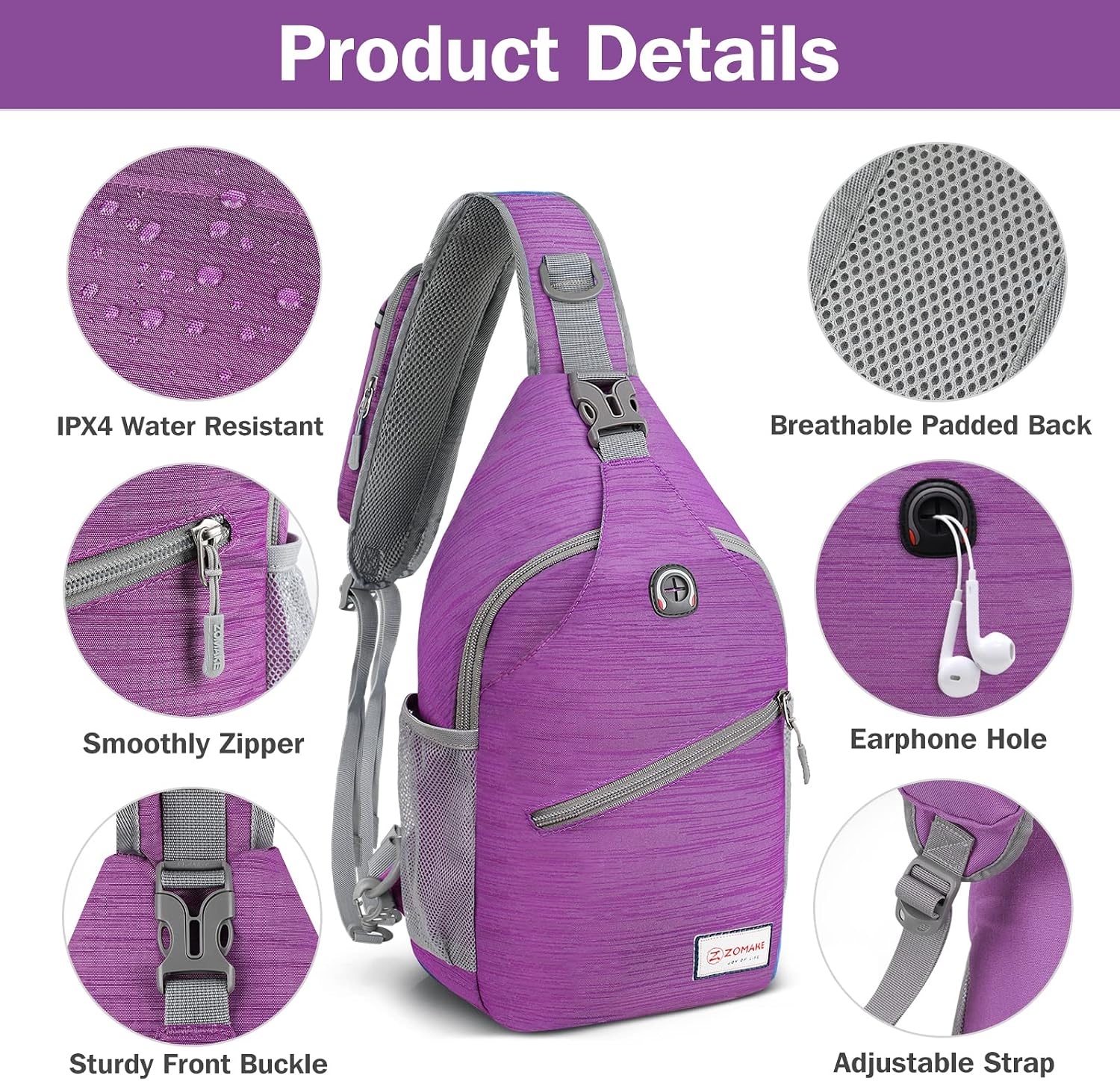 image:imageZOMAKE Sling BagSmall Crossbody Sling Backpack Shoulder Daypack for TravelPurple B