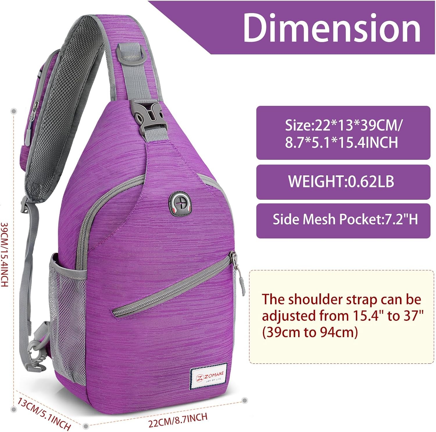 image:imageZOMAKE Sling BagSmall Crossbody Sling Backpack Shoulder Daypack for TravelPurple B