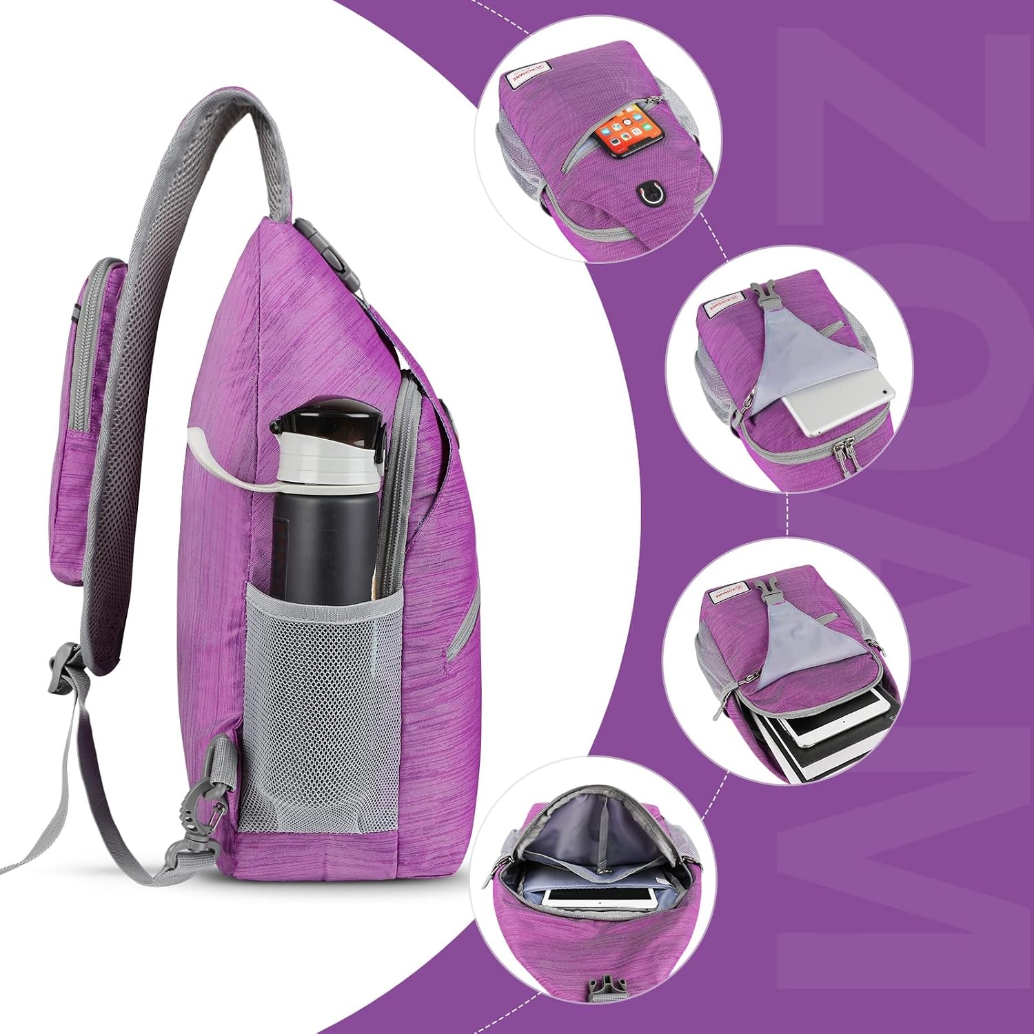 image:imageZOMAKE Sling BagSmall Crossbody Sling Backpack Shoulder Daypack for TravelPurple B