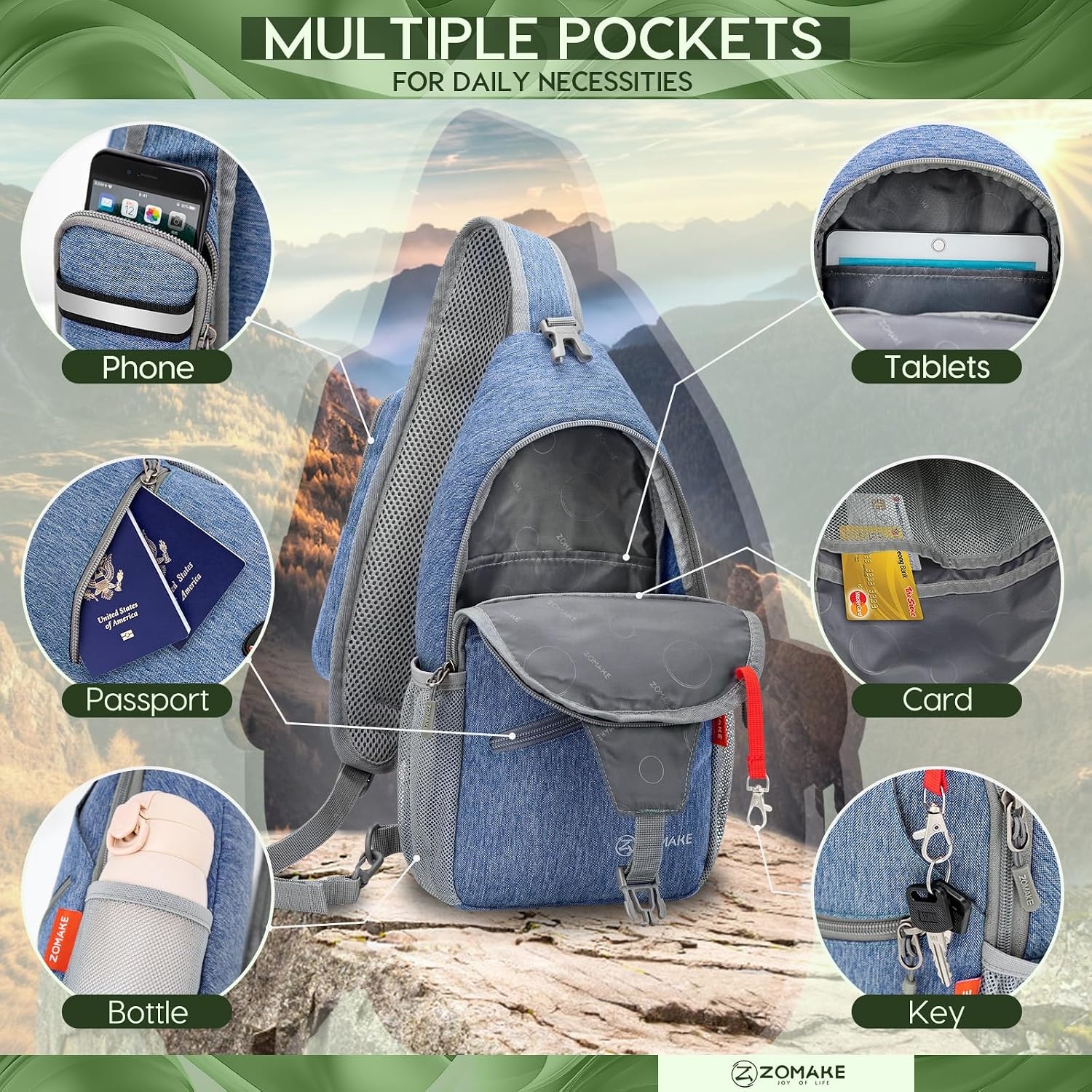 image:imageZOMAKE Sling BagSmall Crossbody Sling Backpack Shoulder Daypack for TravelRoyal Blue