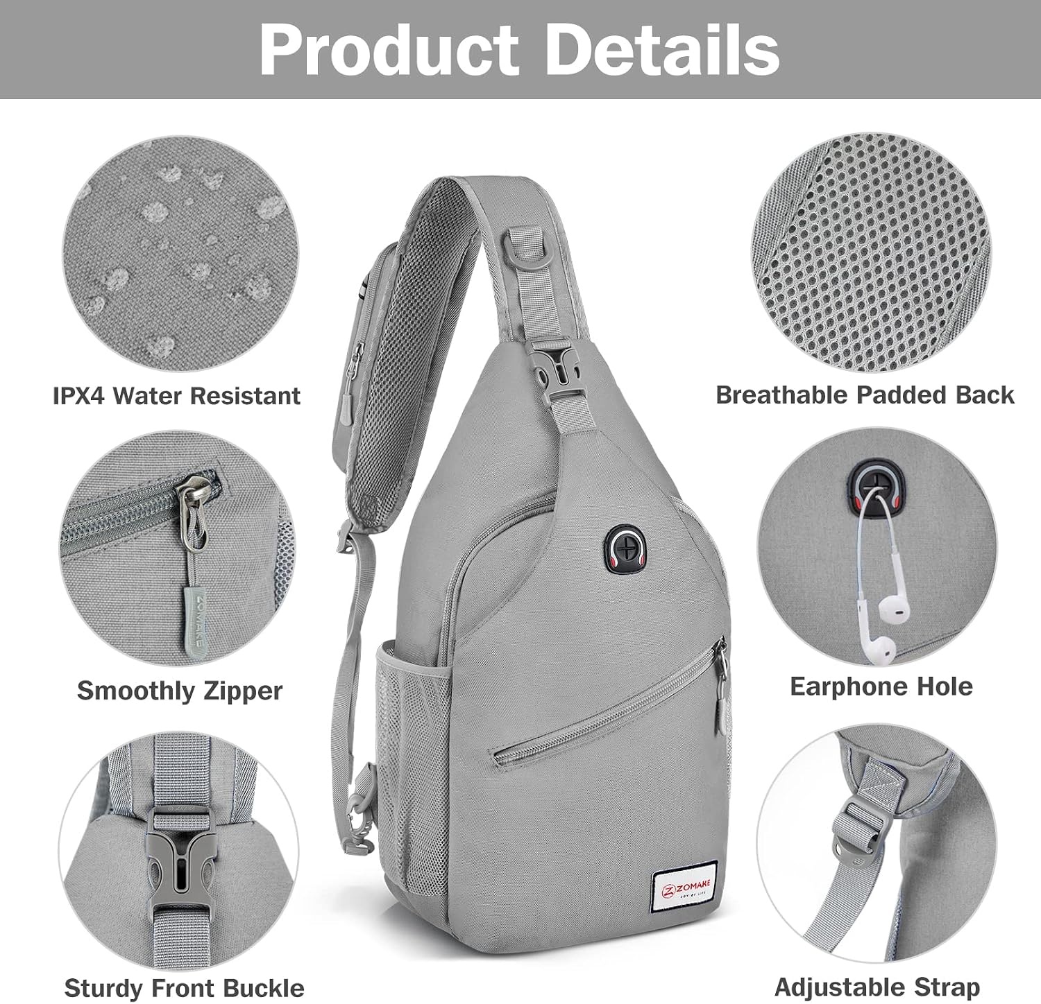 image:imageZOMAKE Sling BagSmall Crossbody Sling Backpack Shoulder Daypack for TravelSilver Grey B