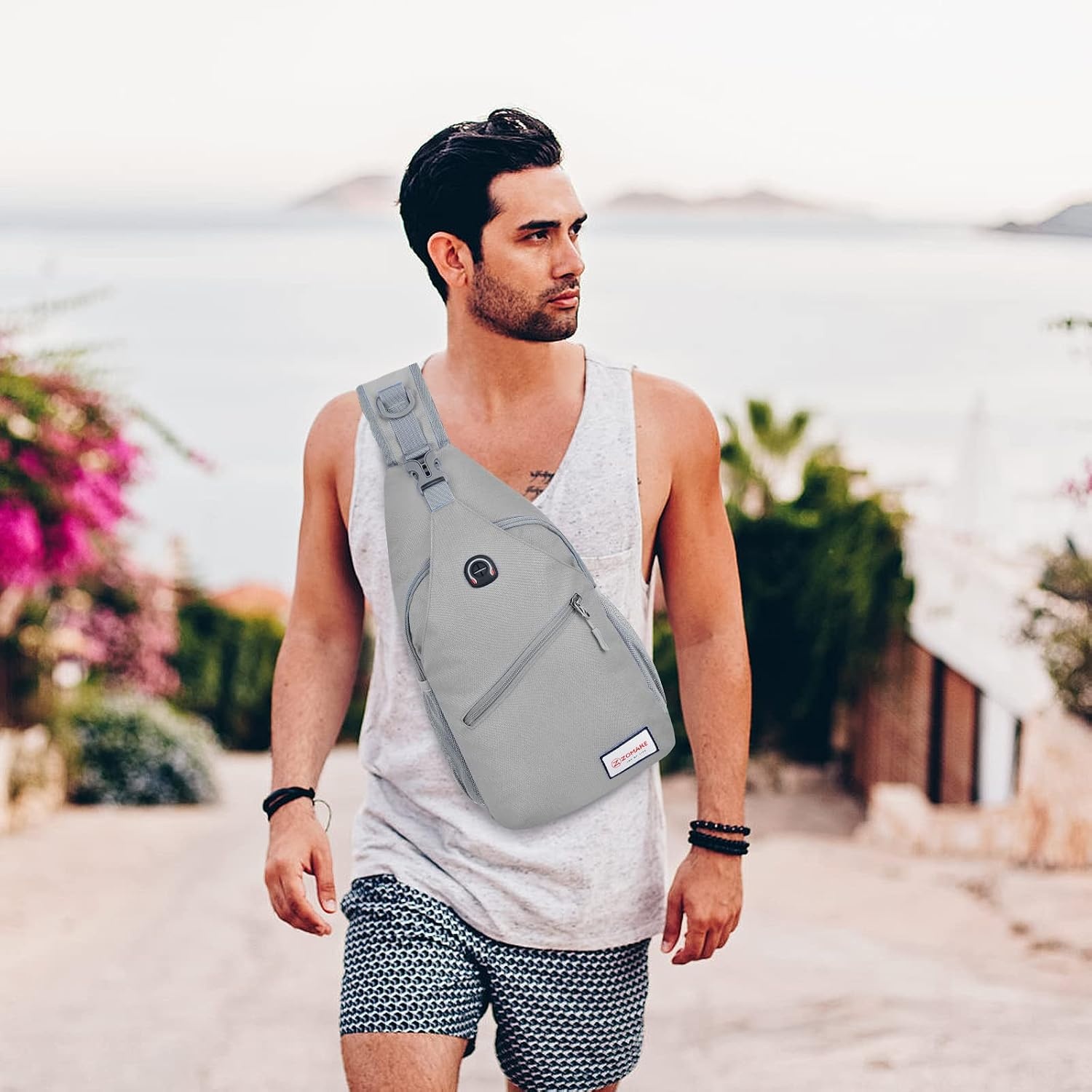 image:imageZOMAKE Sling BagSmall Crossbody Sling Backpack Shoulder Daypack for TravelSilver Grey B