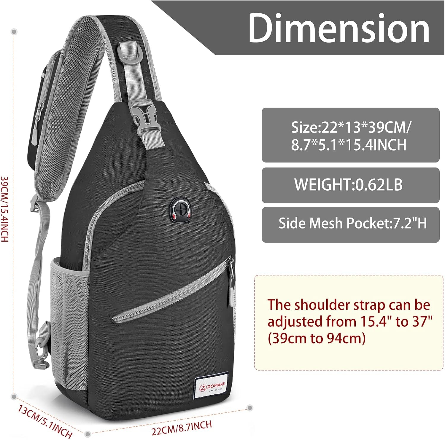 image:imageZOMAKE Sling BagSmall Crossbody Sling Backpack Shoulder Daypack for TravelSolid Black