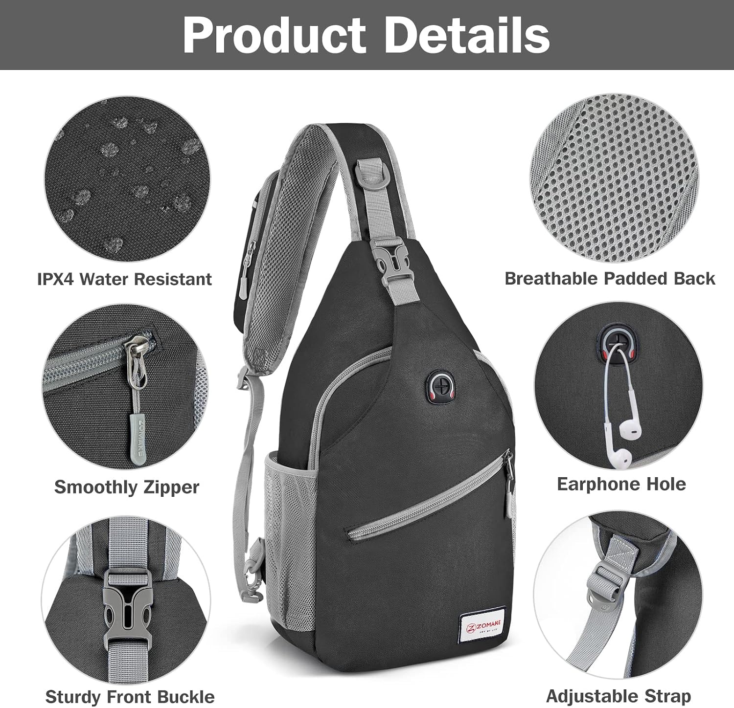 image:imageZOMAKE Sling BagSmall Crossbody Sling Backpack Shoulder Daypack for TravelSolid Black