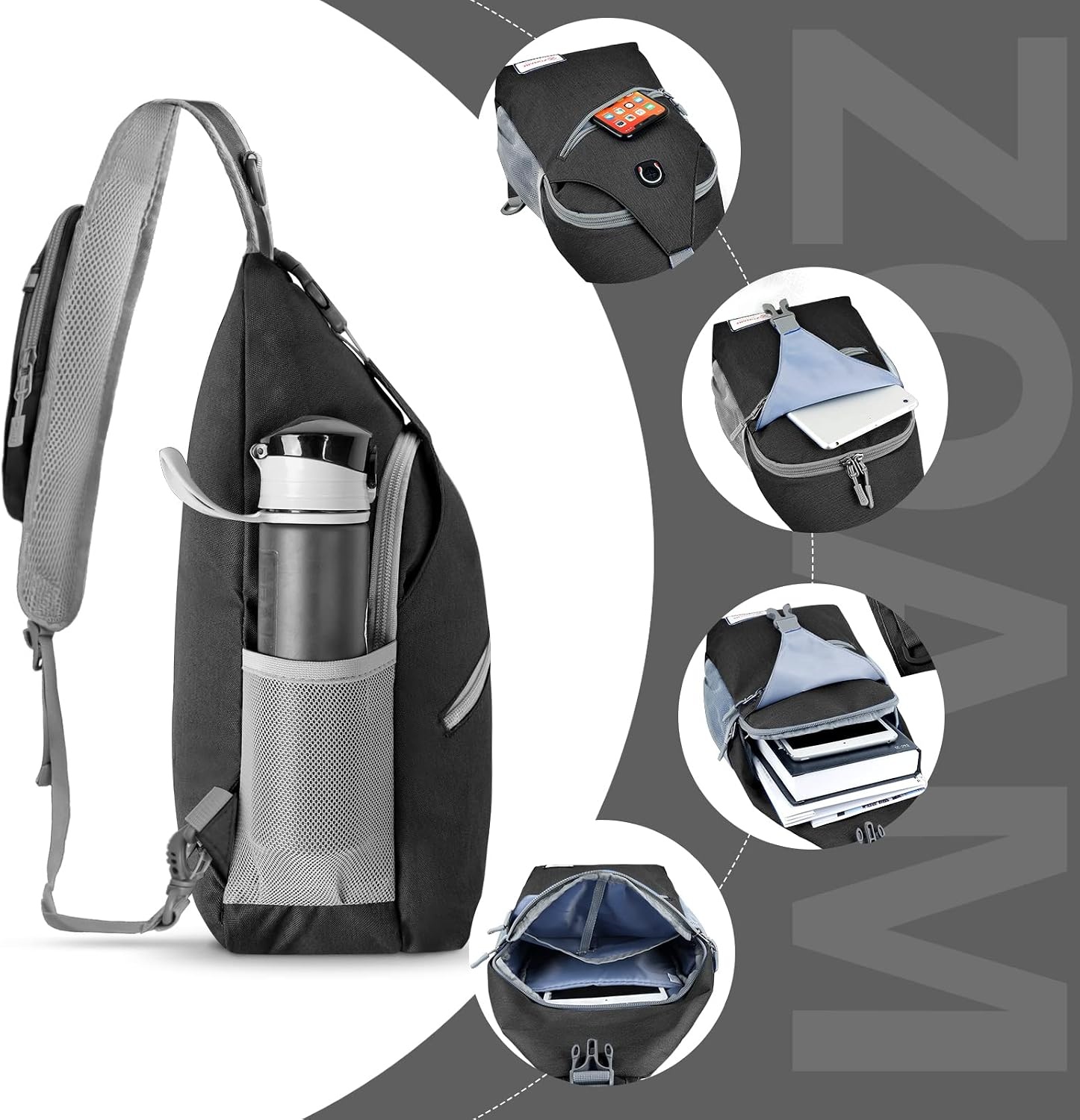 image:imageZOMAKE Sling BagSmall Crossbody Sling Backpack Shoulder Daypack for TravelSolid Black