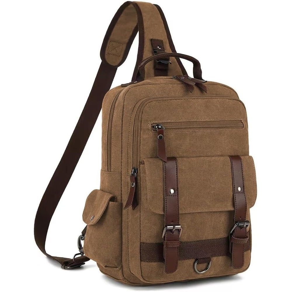 image:imageVintage Messenger Bag Canvas Backpack for Travel Mens Shoulder Bag Dualuse Bag for Hand Carry and Crossbody CarryCoffee
