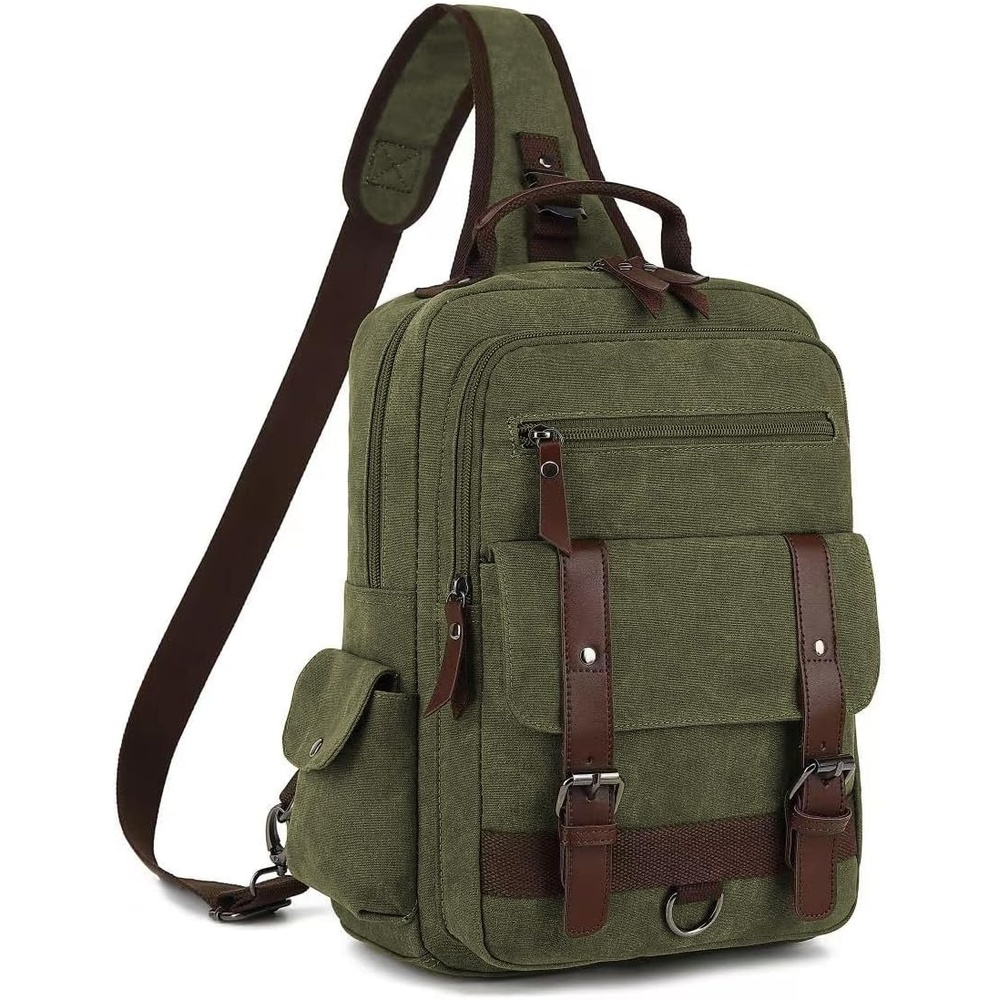 image:imageVintage Messenger Bag Canvas Backpack for Travel Mens Shoulder Bag Dualuse Bag for Hand Carry and Crossbody CarryGreen