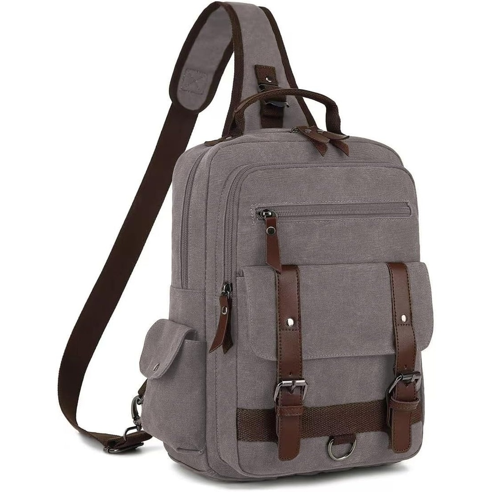 image:imageVintage Messenger Bag Canvas Backpack for Travel Mens Shoulder Bag Dualuse Bag for Hand Carry and Crossbody CarryGrey