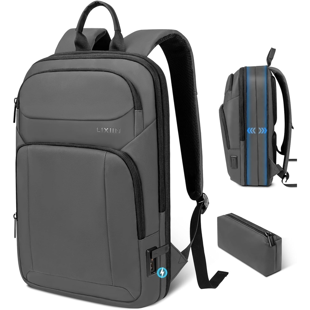 image:imageBackpack for Men Slim amp Expandable Travel Laptop Backpack with USB Charging Port Water Resistant AntiTheft Business Backpack Fits 156In Laptop for Commute Work College with Small BagBusiness BlackSimple Gray